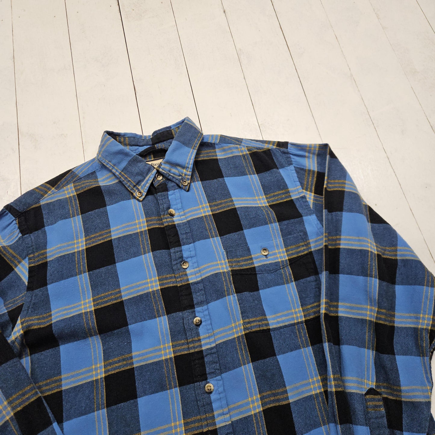 1990s/2000s Y2K GH Bass Co Blue Yellow Plaid Button Down Flannel Shirt Size L