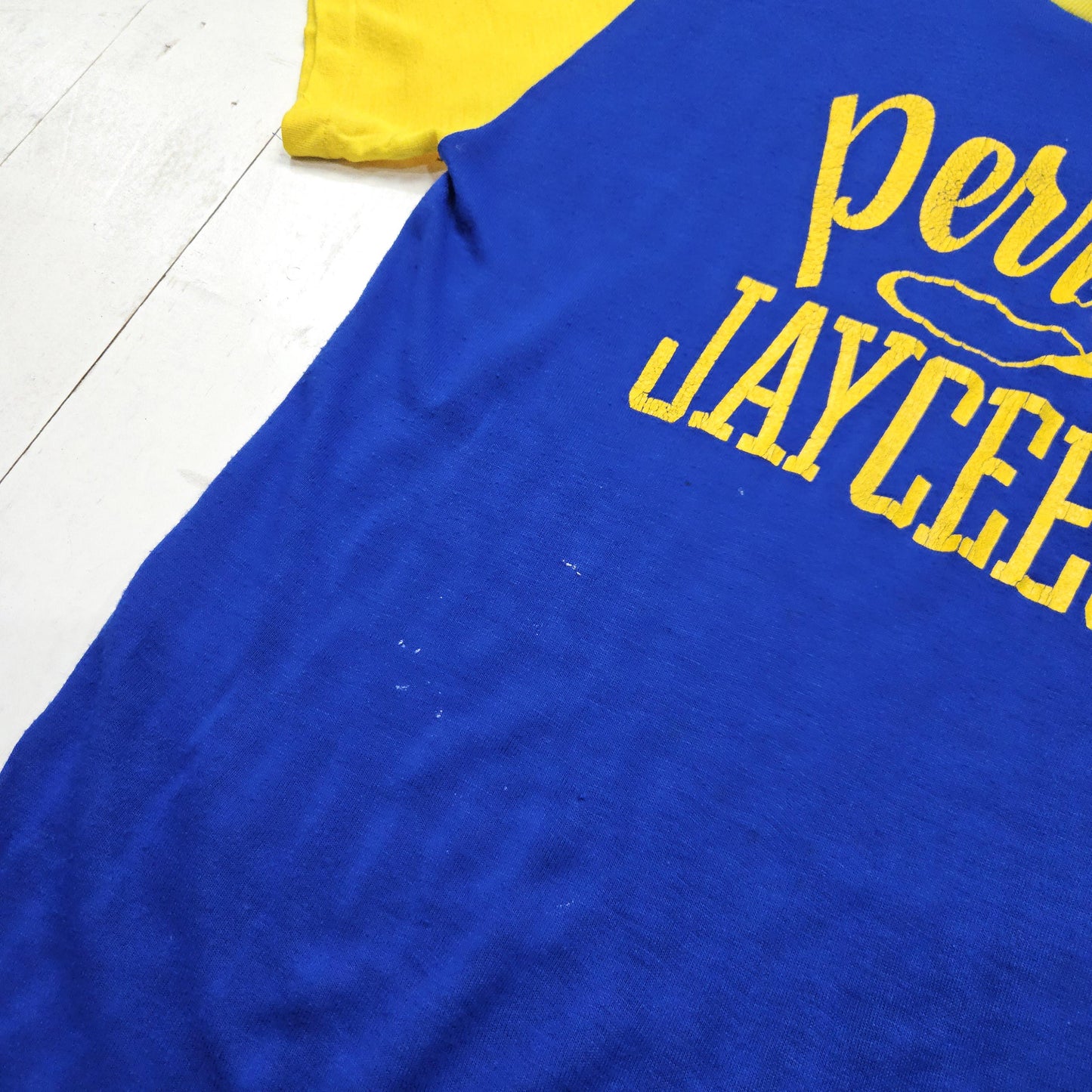 1970s Dodger Sportswear Orlon Acrylic Blue Yello Perry Jaycees Two Tone Jersey T-Shirt Size M