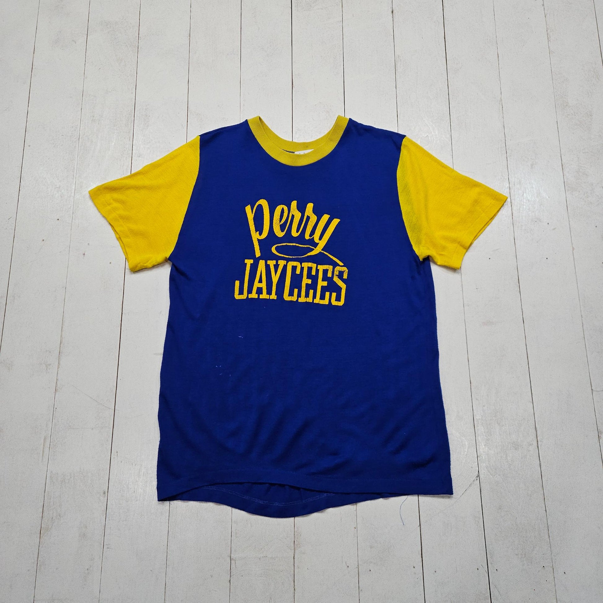 1970s Dodger Sportswear Orlon Acrylic Blue Yello Perry Jaycees Two Tone Jersey T-Shirt Size M