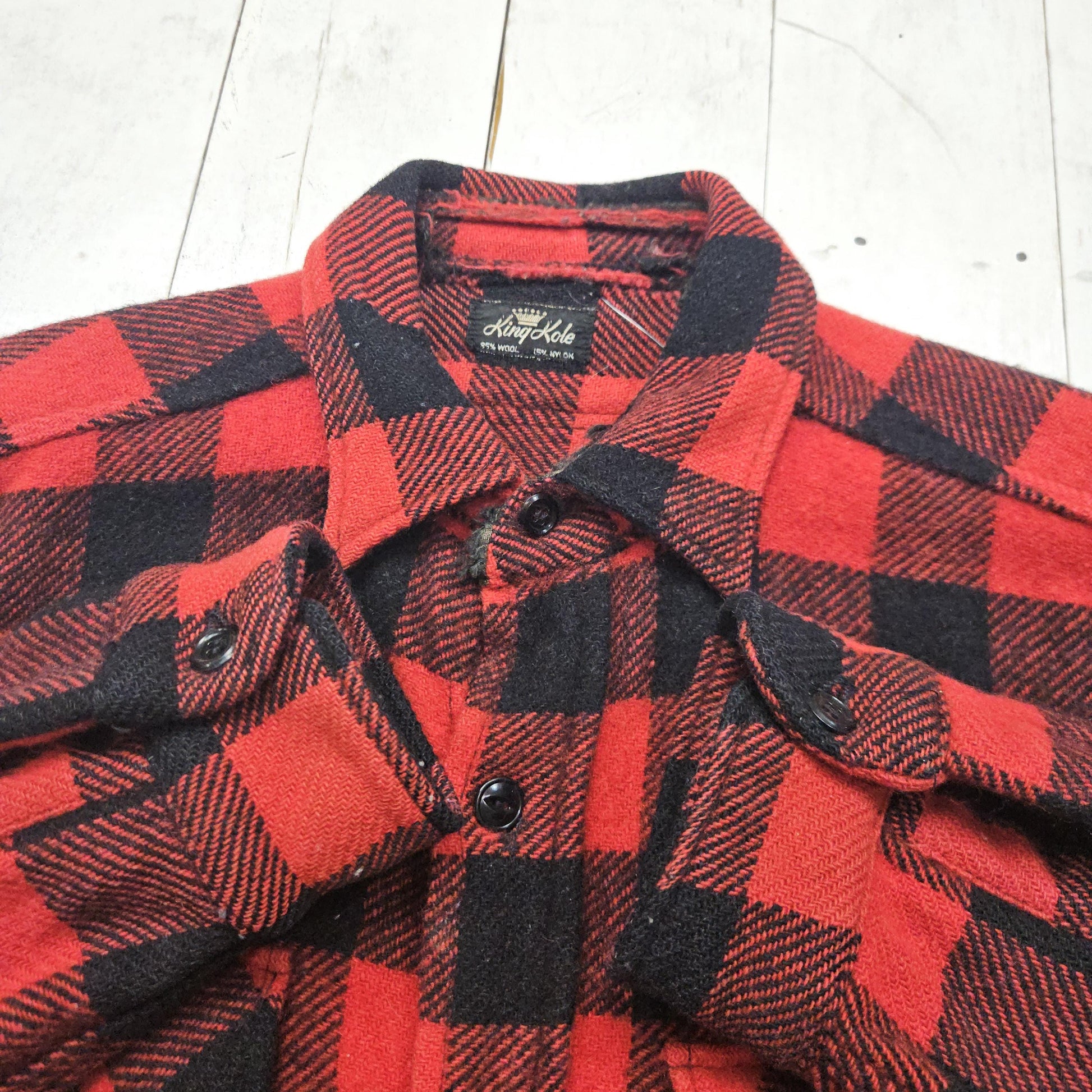 1960s/1970s King Kole Red Buffalo Plaid Wool Blend Shirt Size M/L