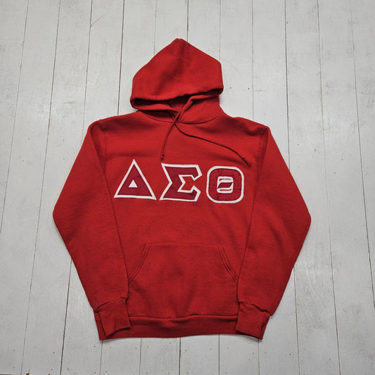 1980s Rusell Athletic Red Delta Sigma Theta DST Sorority Greek Life Stitched Lettering Hoodie Sweatshirt Made in USA Size S/M