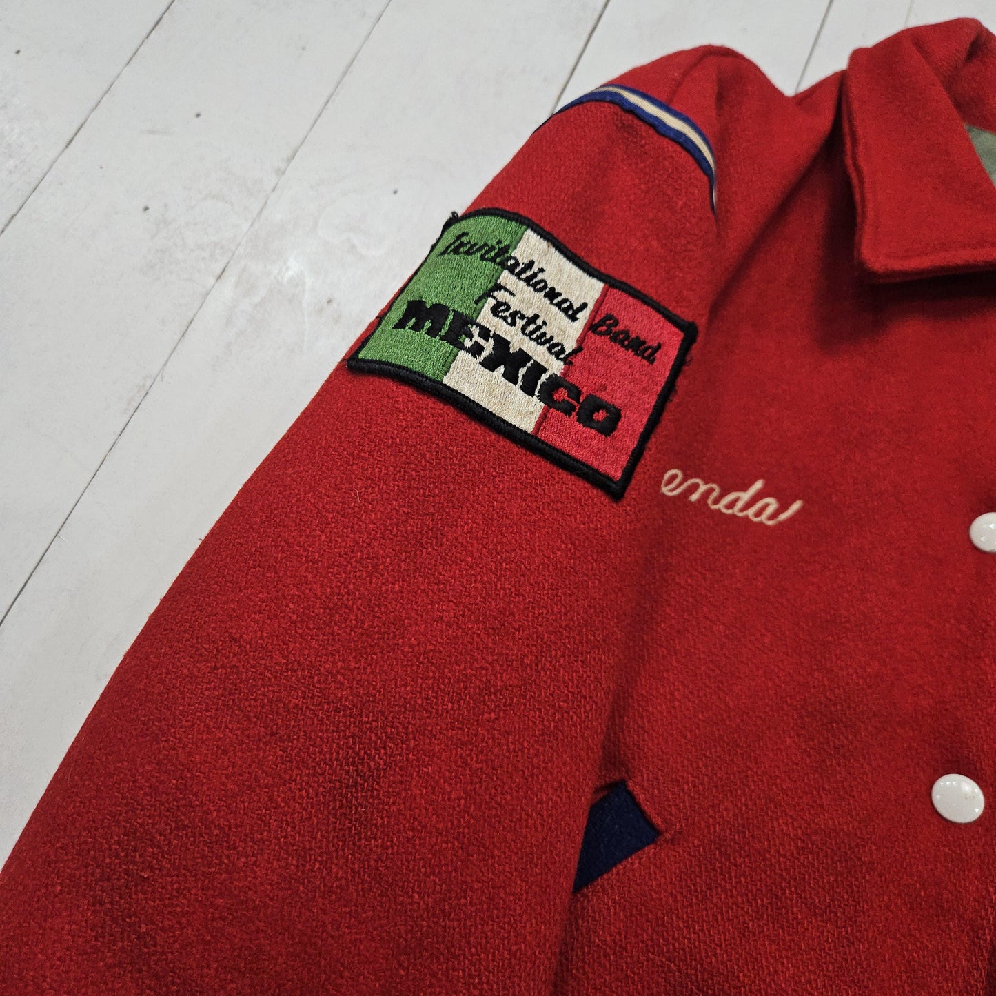 1970s Standard Pennant Red S.M.A.H.S. Band Quilted Lined Wool Varsity Letterman Jacket Size S