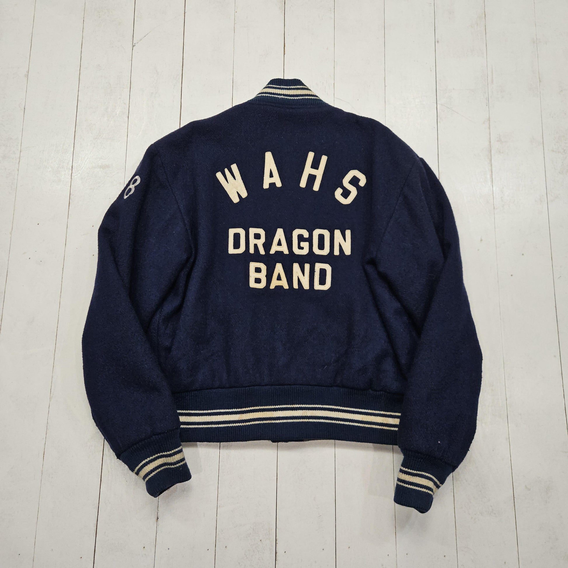 1970s Standard Pennant Blue WAHS Dragon Band Quilted Lined Wool Varsity Letterman Jacket Size M