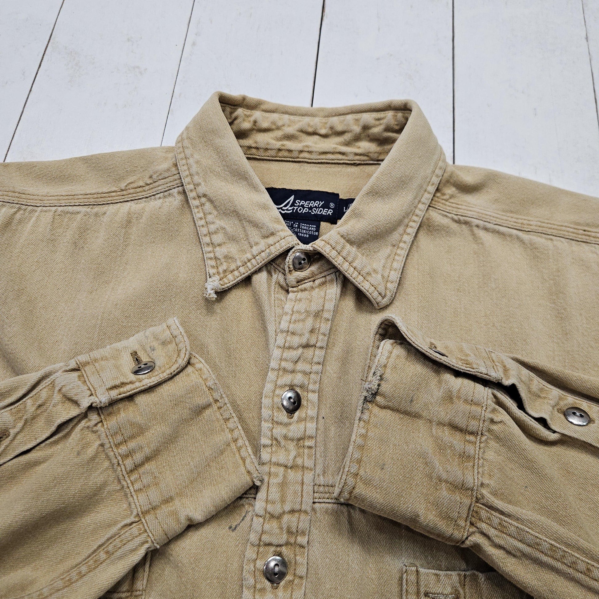 1990s Sperry Top Sider Tan Button Up Metal Buttons Shirt Size L