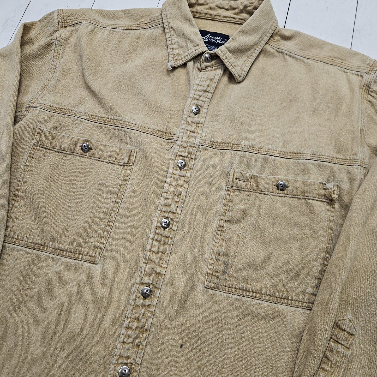 1990s Sperry Top Sider Tan Button Up Metal Buttons Shirt Size L