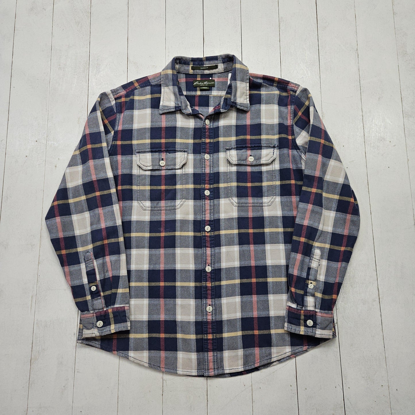 1990s/2000s Y2K Eddie Bauer Blue White Plaid Flannel Button Up Shirt Size L