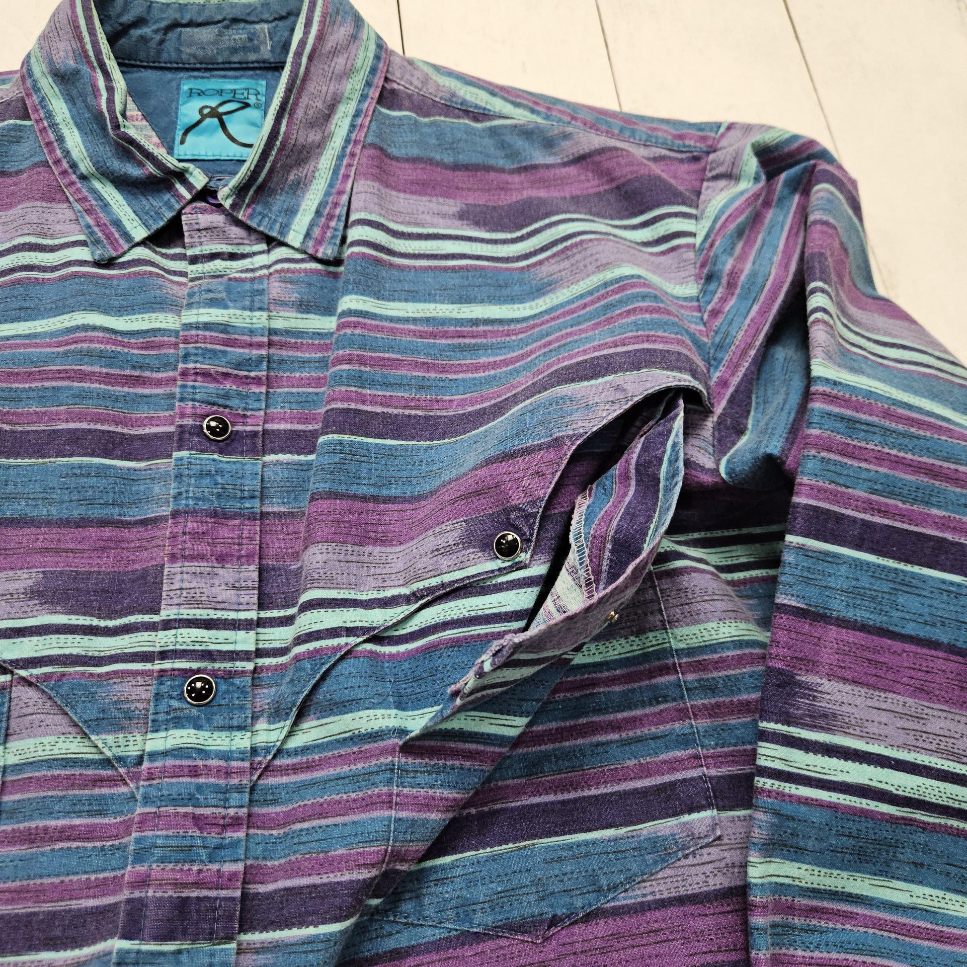 1980s/1990s Roper Blue Purple Striped Snaps Slaps Brushpopper Style Western Shirt Size M/L