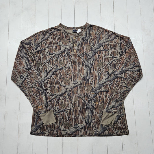 1980s Duofold Mossy Oak RealTree Style Camo Henley Thermal Long Sleeve T-Shirt Made in USA Size 3XL