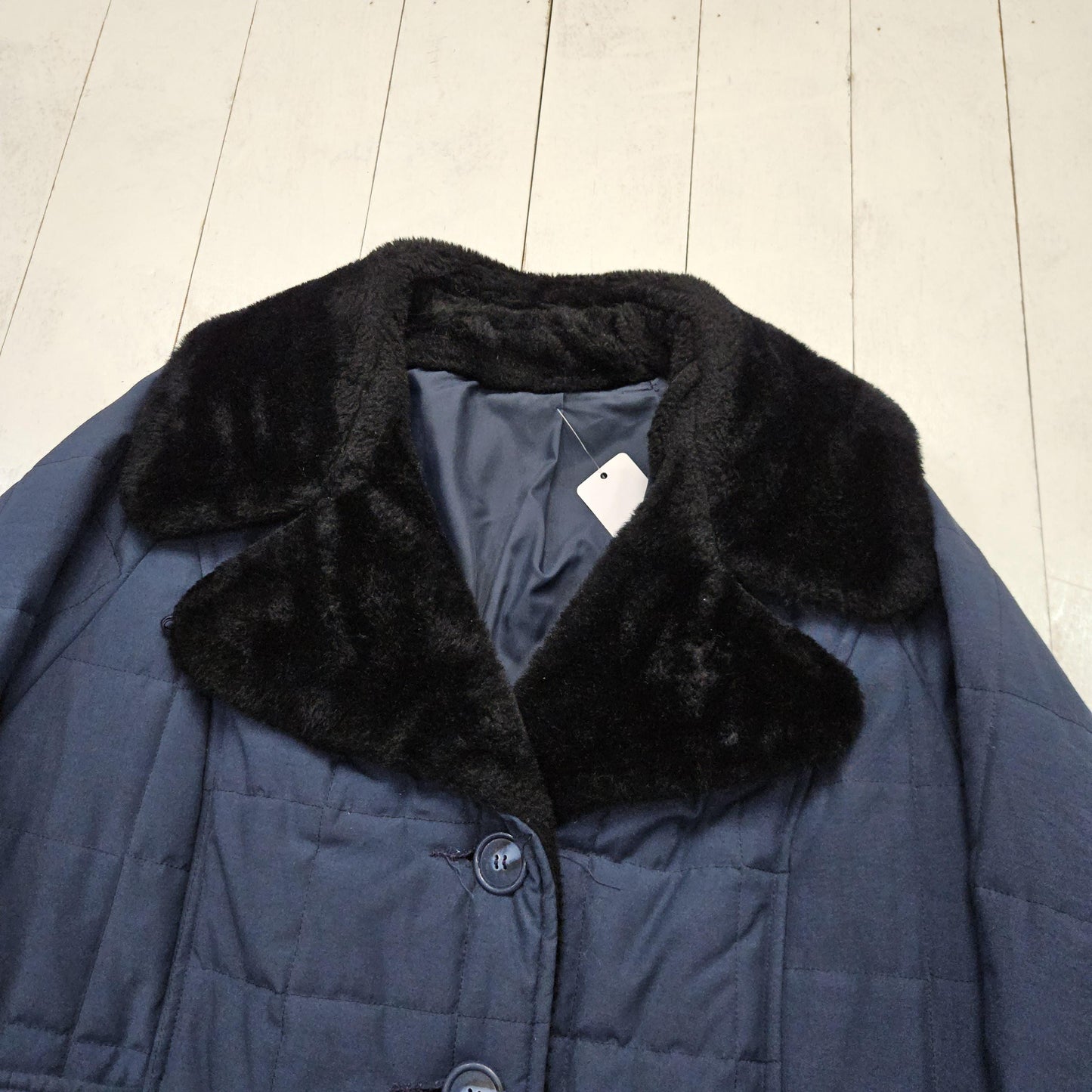 1980s Quilted Blue Car Coat with Black Faux Fur Collar Womens Size XL/XXL