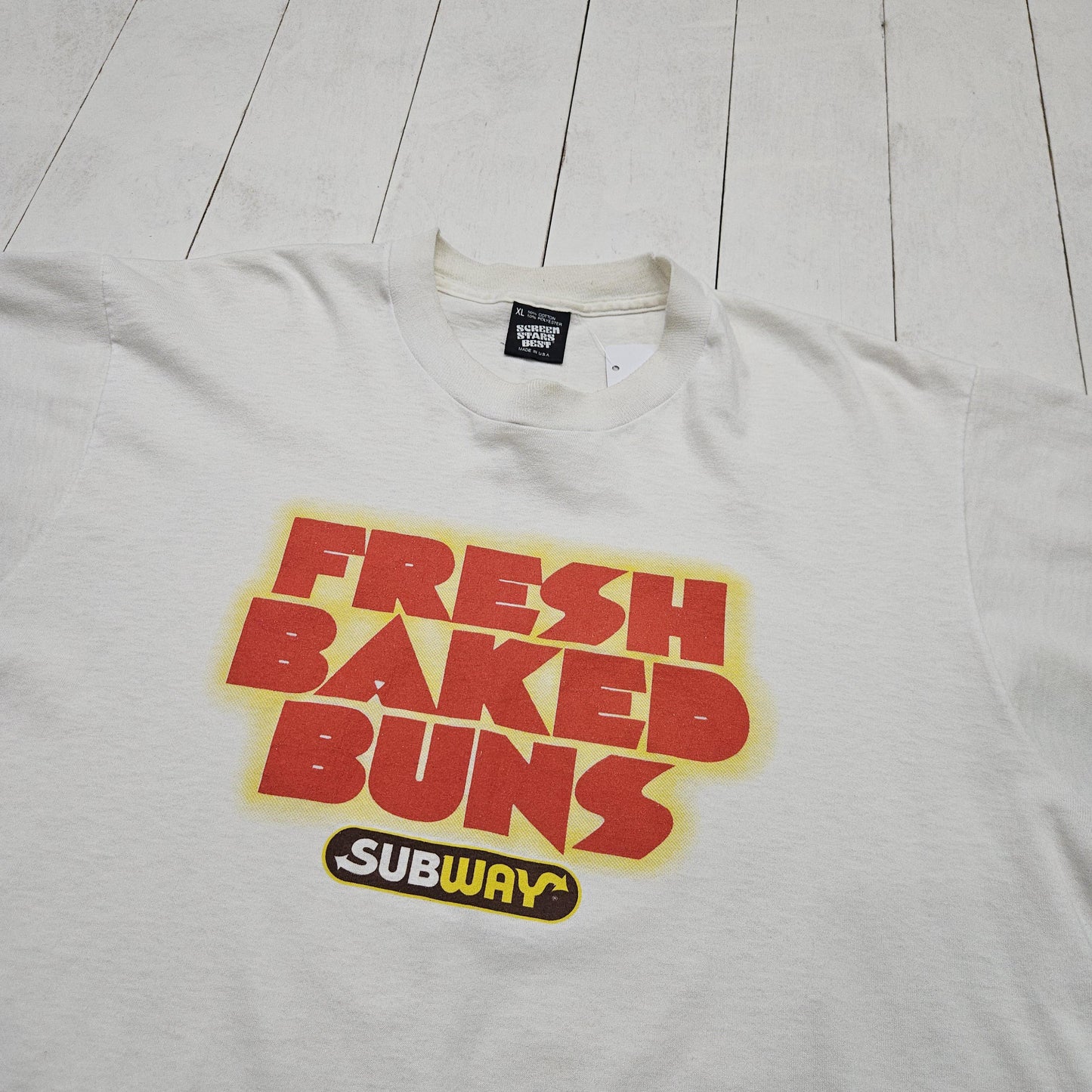 1990s Screen Stars Subway Fresh Baked Buns Promotional T-Shirt Made in USA Size L