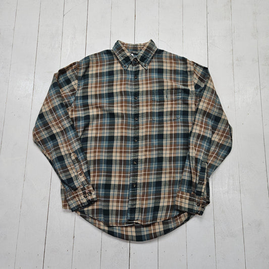 1990s/2000s Y2K GH Bass Blue Brown Plaid Button Down Flannel Shirt Size L