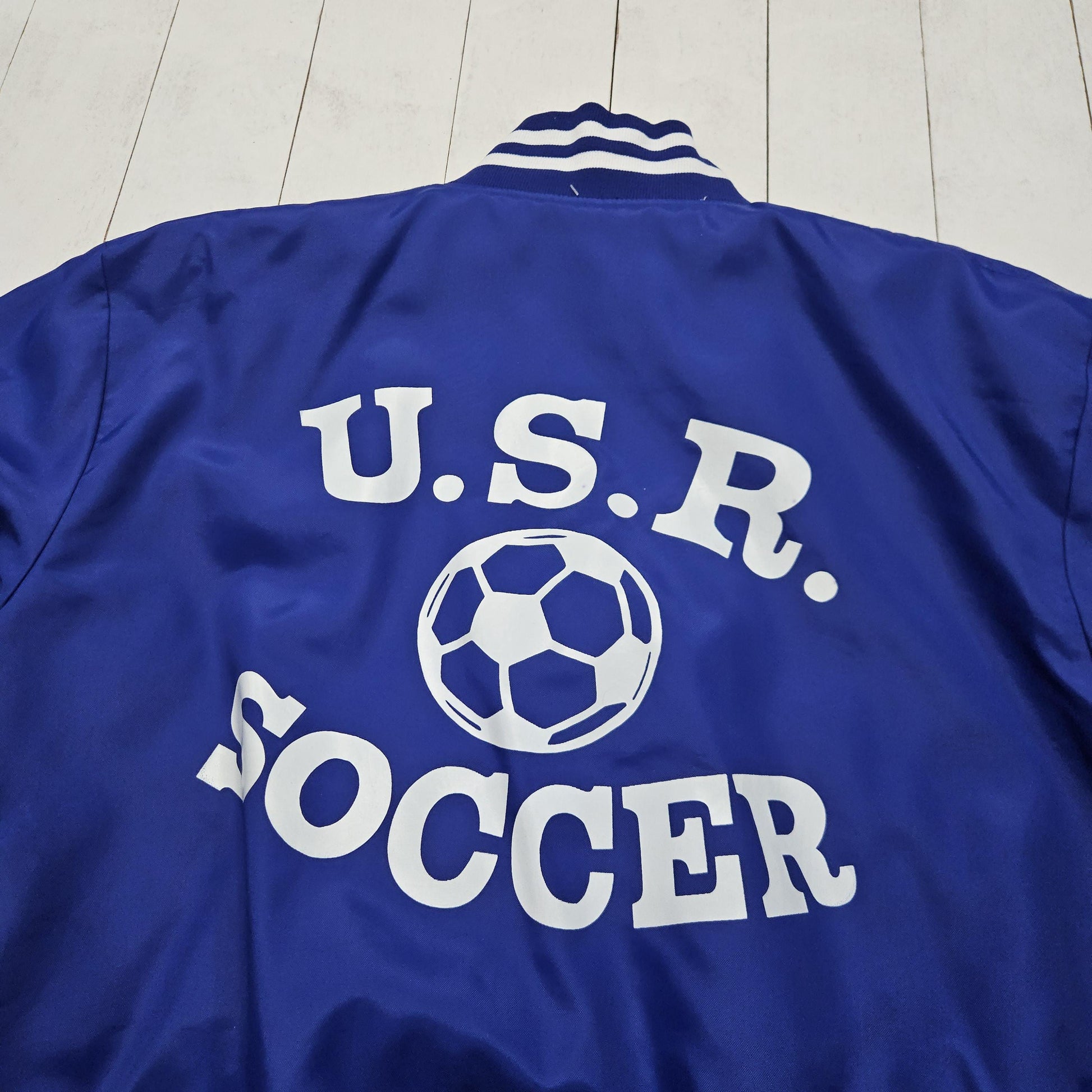 1980s/1990s F&C Sportswear Blue USR Soccer Nylon Bomber Jacket Made in USA Size XL