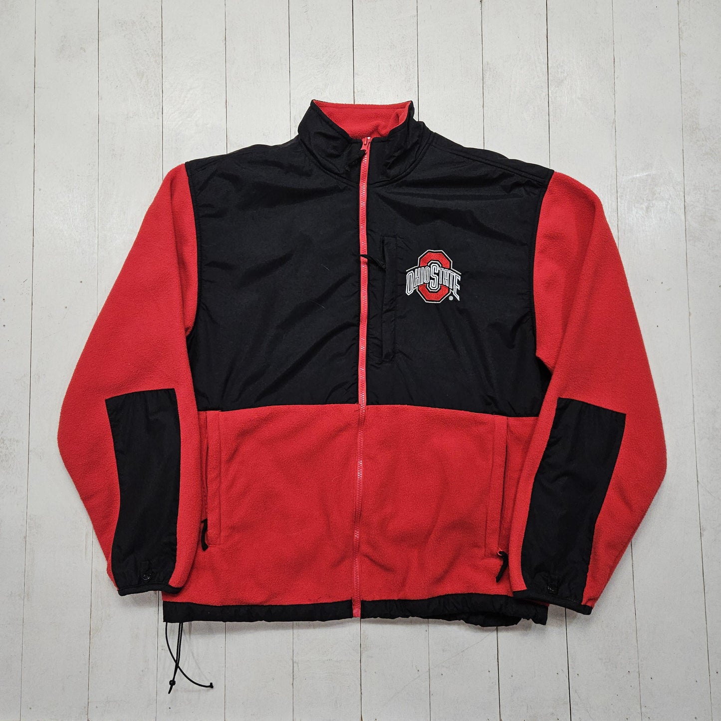 2000s Y2K Logo Athletic OSU Ohio State Buckeyes Red Black Denali Style Fleece Full Zip Sweatshirt Jacket Size XL