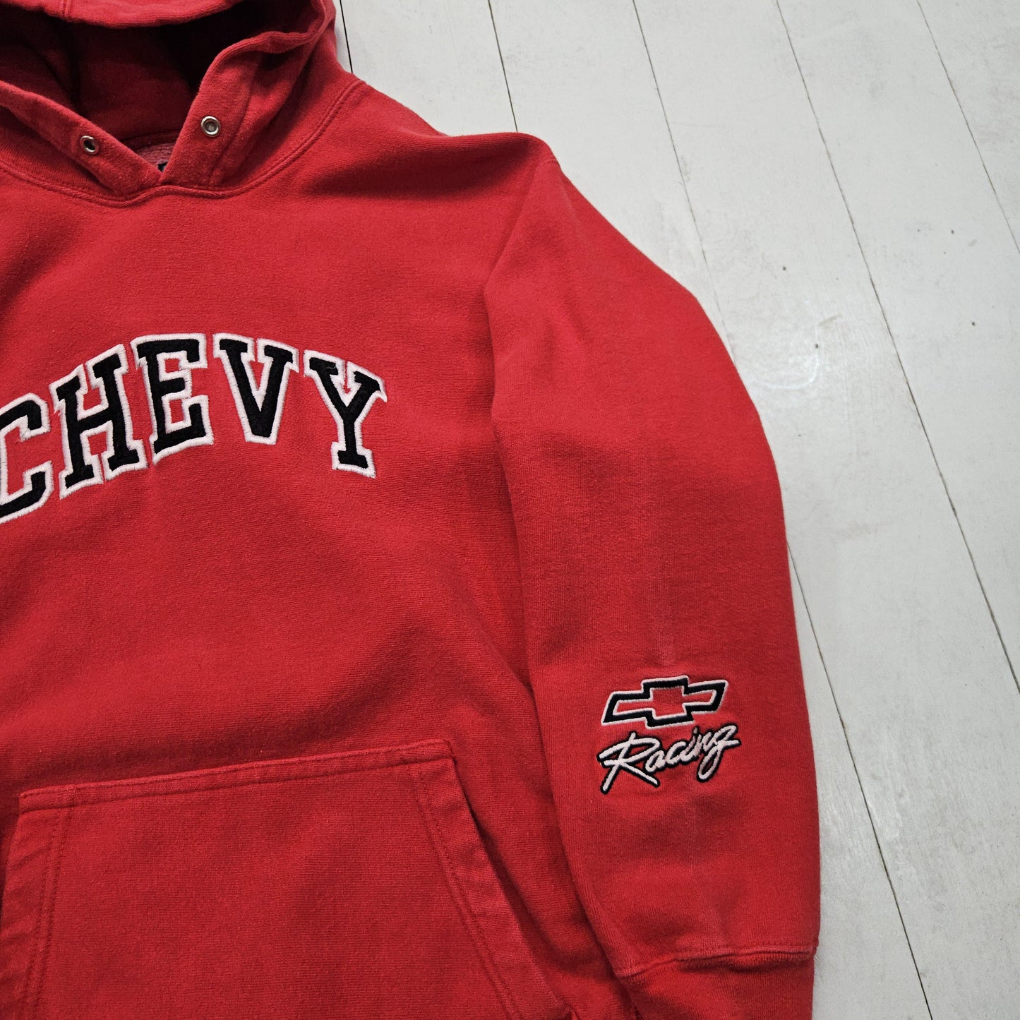 2000s Y2K Steve & Barry's Red Chevy Spellout Reverse Weave Style Hoodie Sweatshirt Size S/M