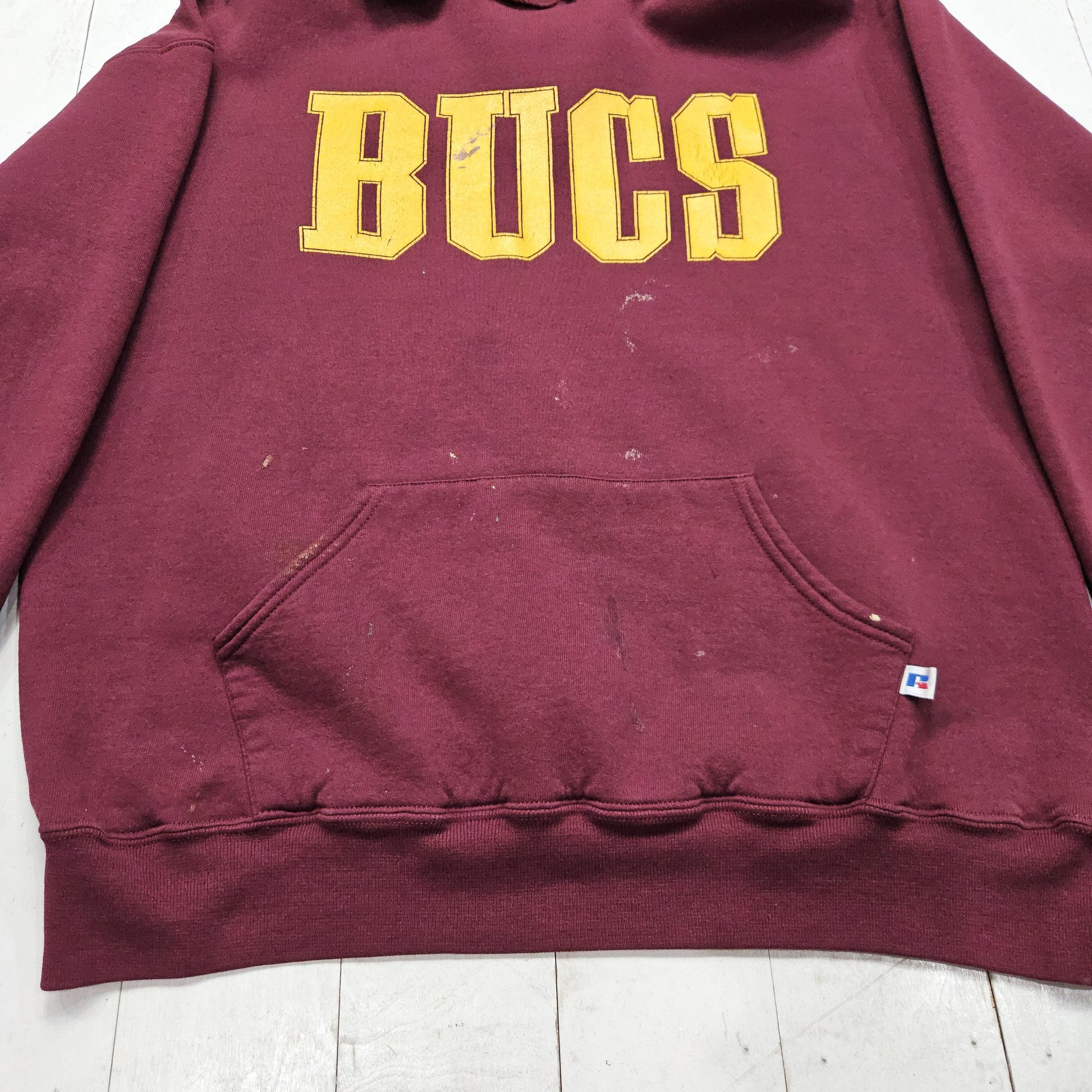 1990s Russell Athletic Burgundy Bucs CHHS Scocer Hoodie Sweatshirt Size L/XL