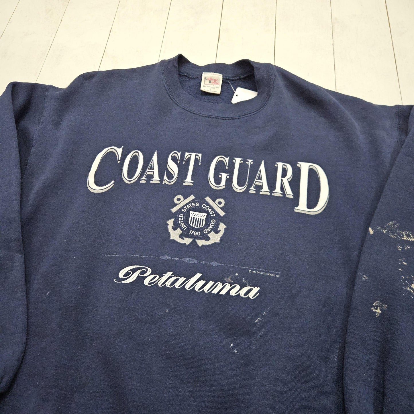 1990s 1994 College House Blue Coast Guard Petaluma Training Center Sweatshirt Made in USA Size M/L