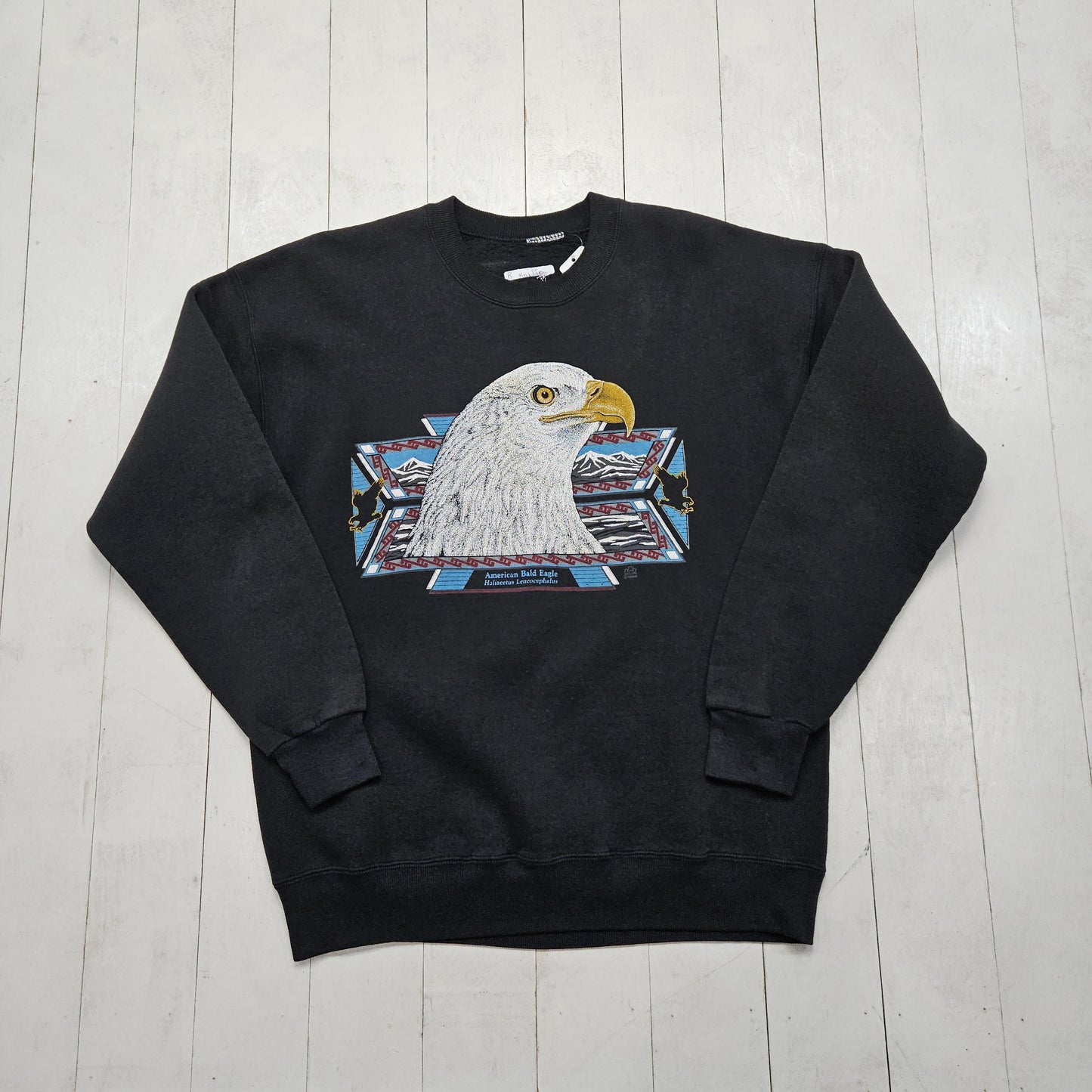 1990s LSJ Black American Bald Eagle Animal Nature Sweatshirt Size L