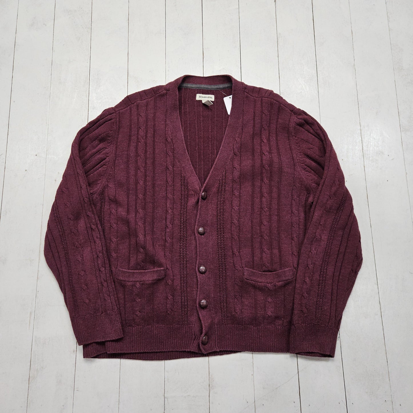 2010s St John's Bay Maroon Cable Knit Cotton Acrylic Cardigan Sweater Size L