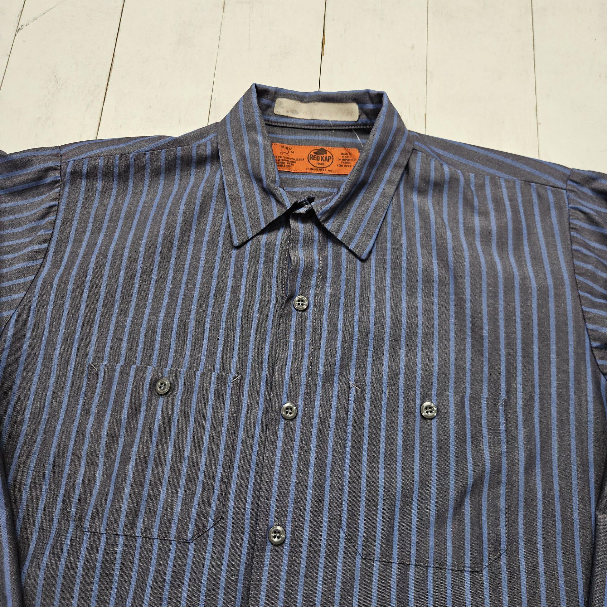 2000s Y2K Red Kap Grey Blue Striped Button Up Work Shirt Size L/XL