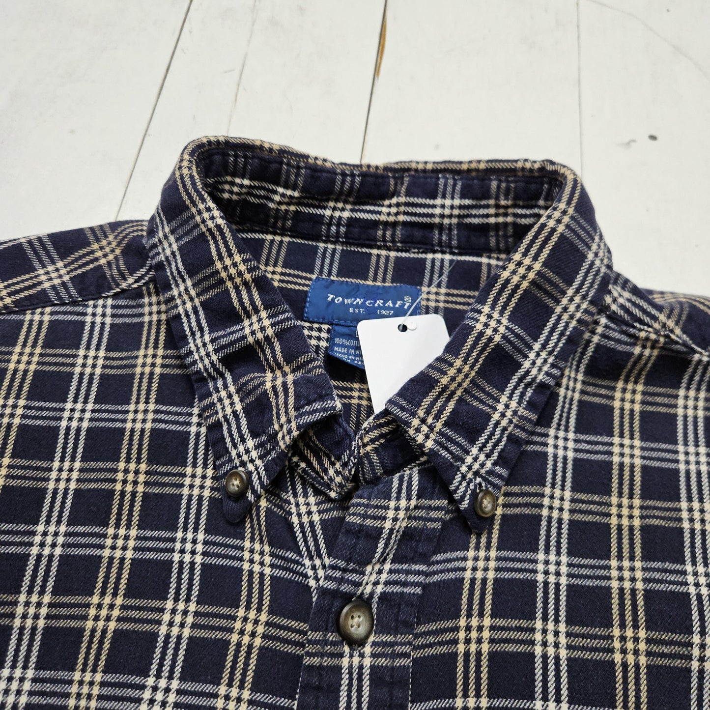 1990s/2000s Y2K Towncraft Blue White Windowpane Plaid Flannel Shirt Size L