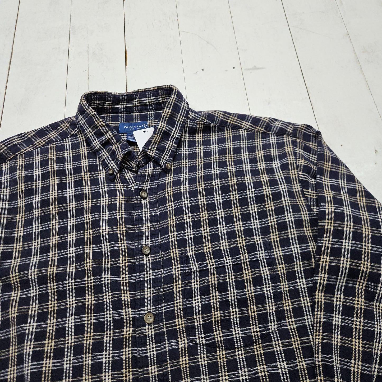 1990s/2000s Y2K Towncraft Blue White Windowpane Plaid Flannel Shirt Size L