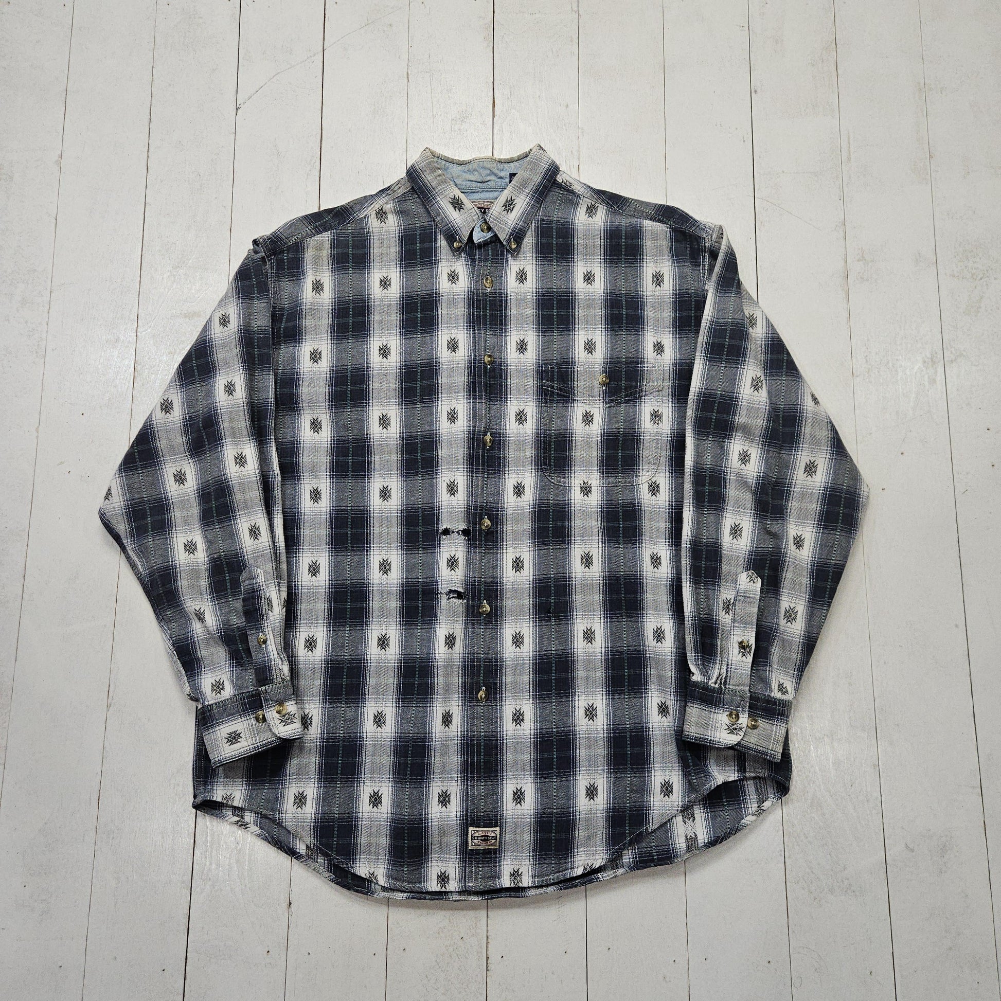 1990s/2000s Y2K County Seat Blue Grey Plaid Button Down Shirt Size L