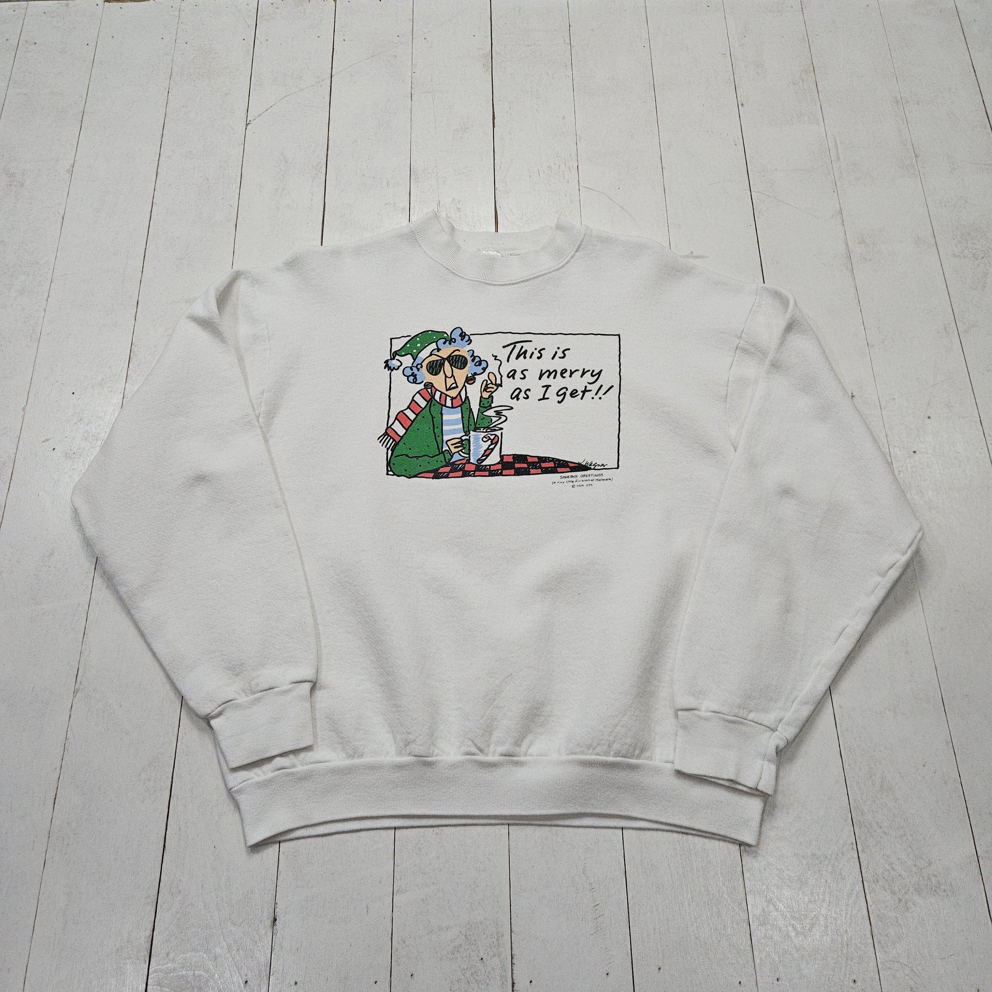 1990s Fruit of the Loom Hallmark Seasons Greetings White Merry as I Get Christmas Funny Comic Sweatshirt Made in USA Size L