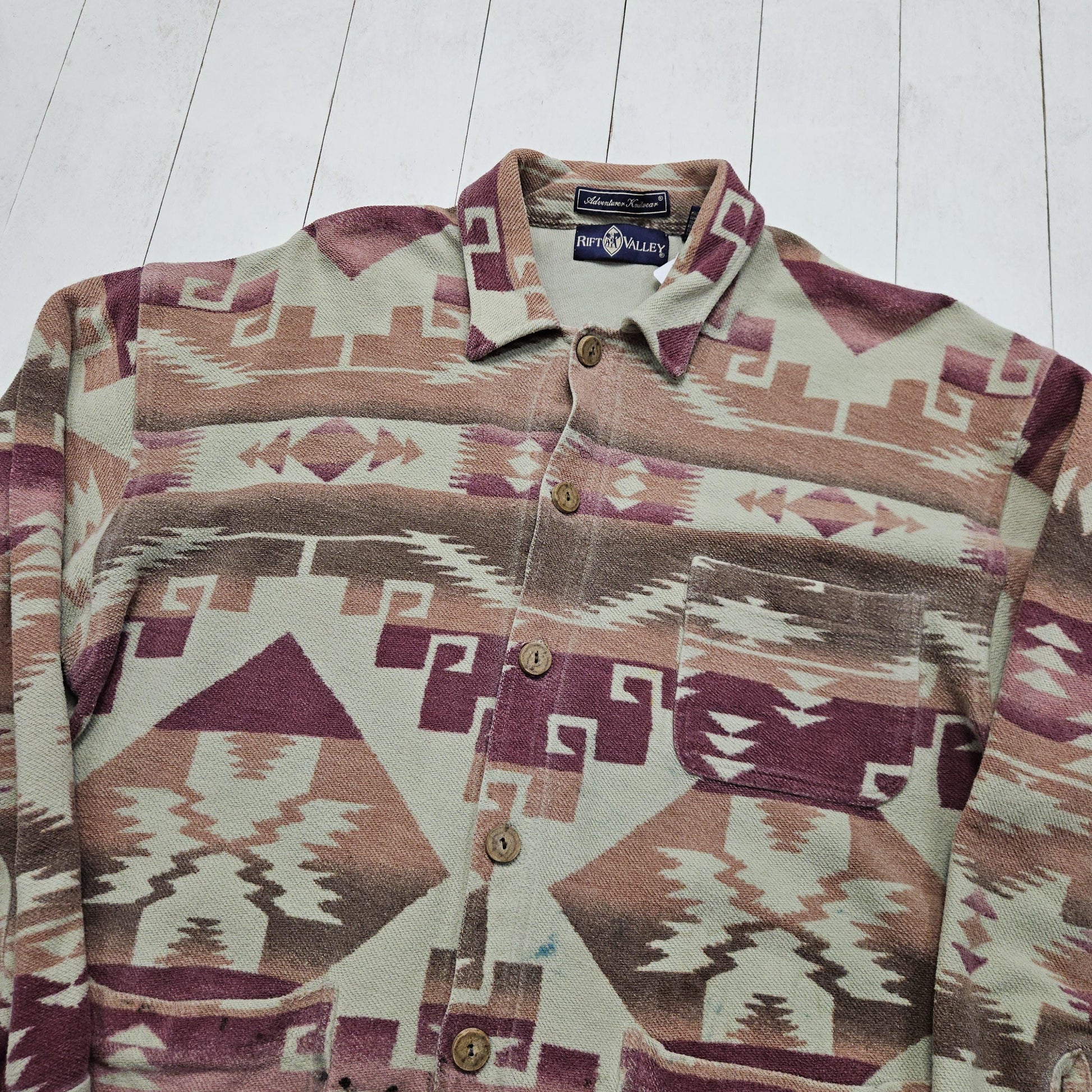 2000s Rift Valley Adventurer Knitwear Southwest Pattern Button Up Shirt Shacket Chore Jacket Size L/XL