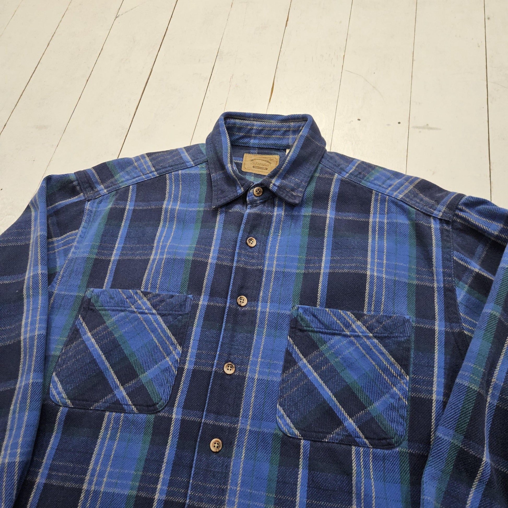 1990s 1995 St. John's Bay Heavyweight Blue Plaid Button Up Flannel Shirt Size L