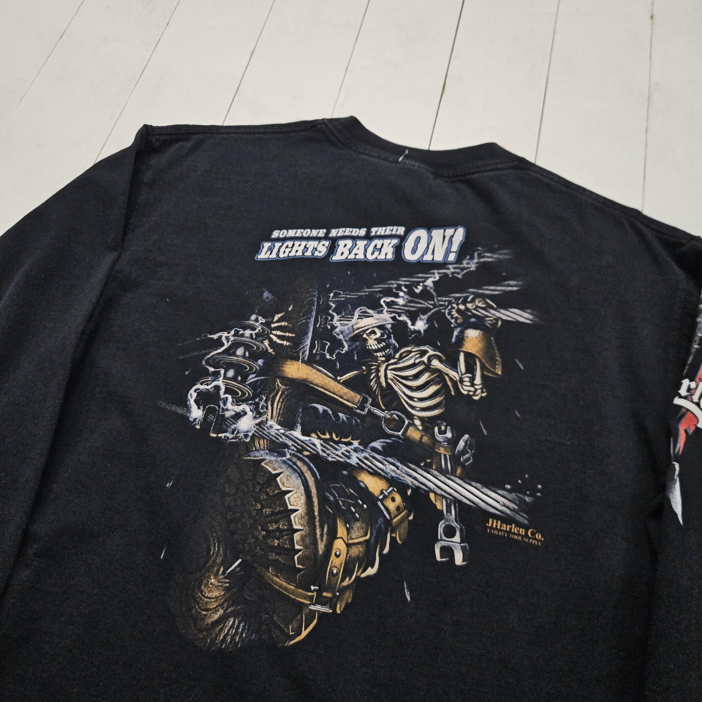 2000s Y2K J Harlen Co Utility Tool Supply Lights Back On Skeleton Skull Long Sleeve Motorcycle T-Shirt Size L