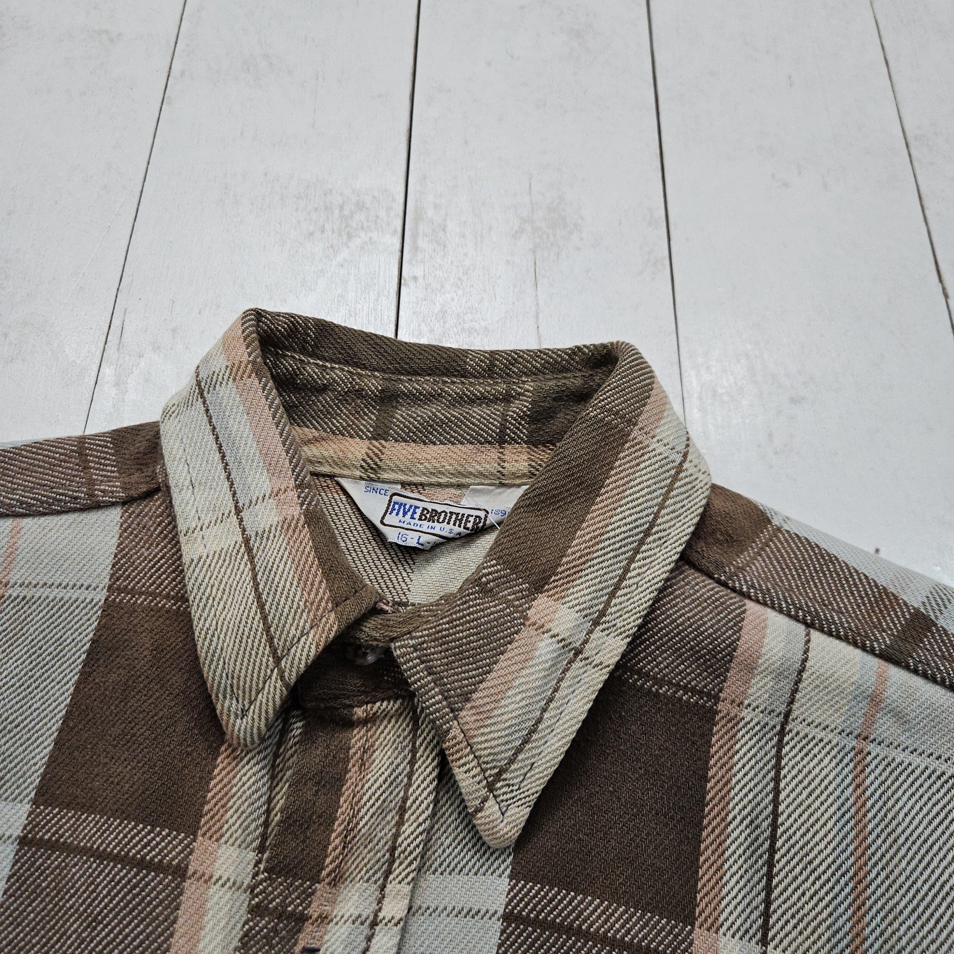 1980s Five Brother Faded Brown Plaid Flannel Shirt Made in USA Size L