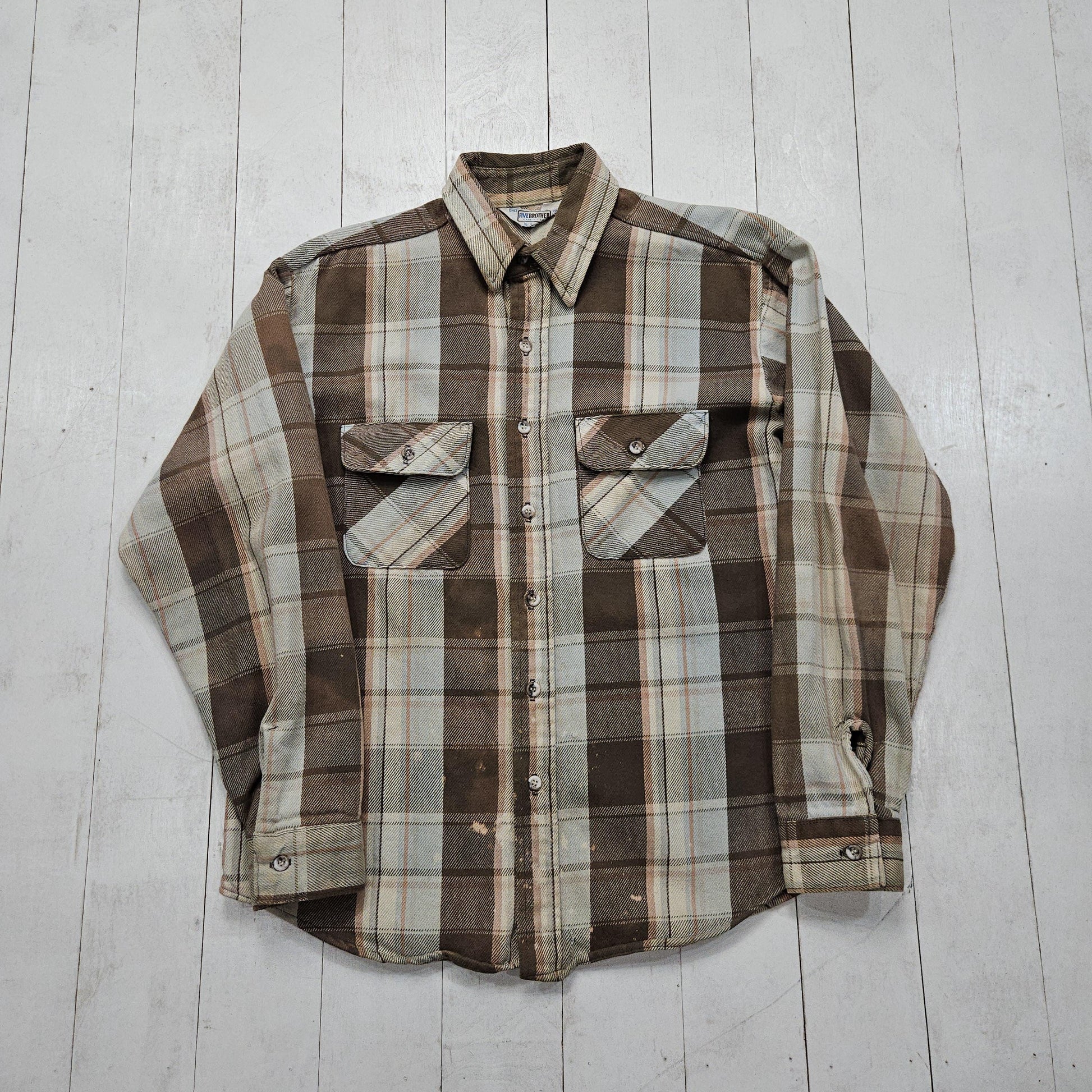 1980s Five Brother Faded Brown Plaid Flannel Shirt Made in USA Size L