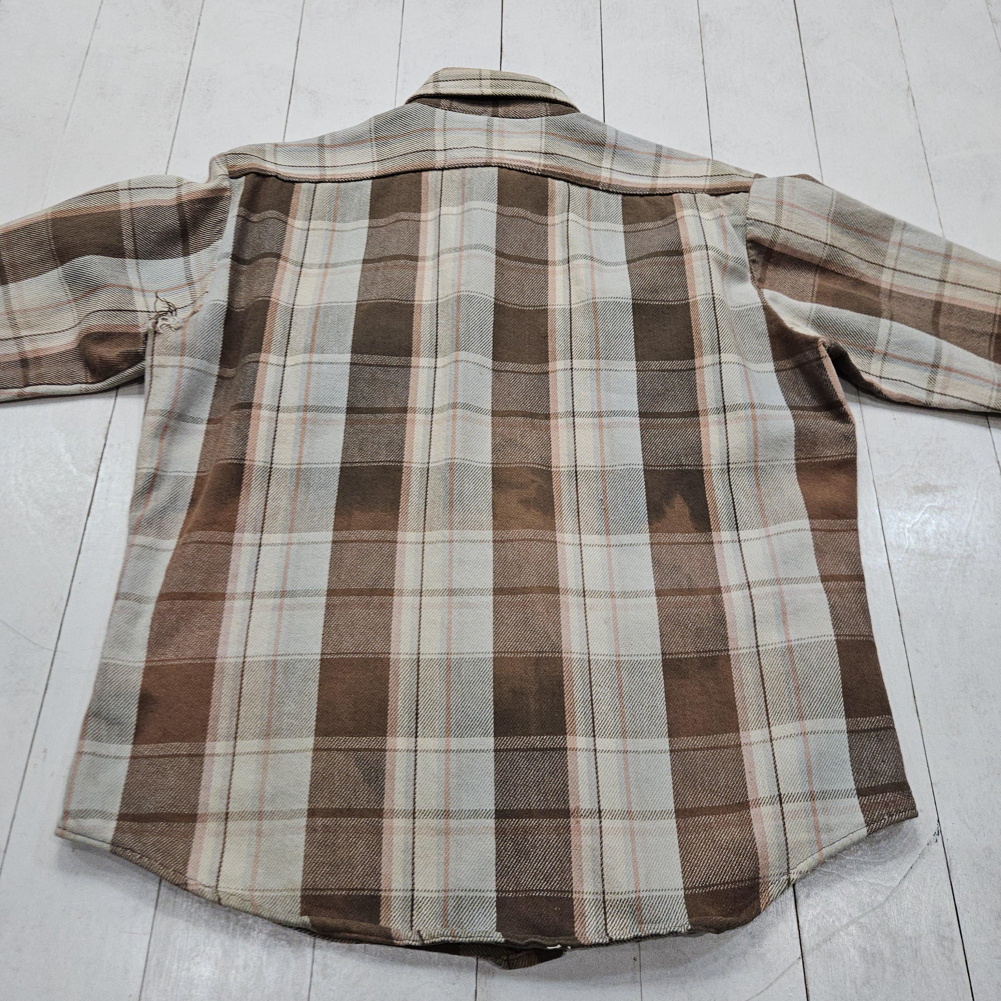 1980s Five Brother Faded Brown Plaid Flannel Shirt Made in USA Size L