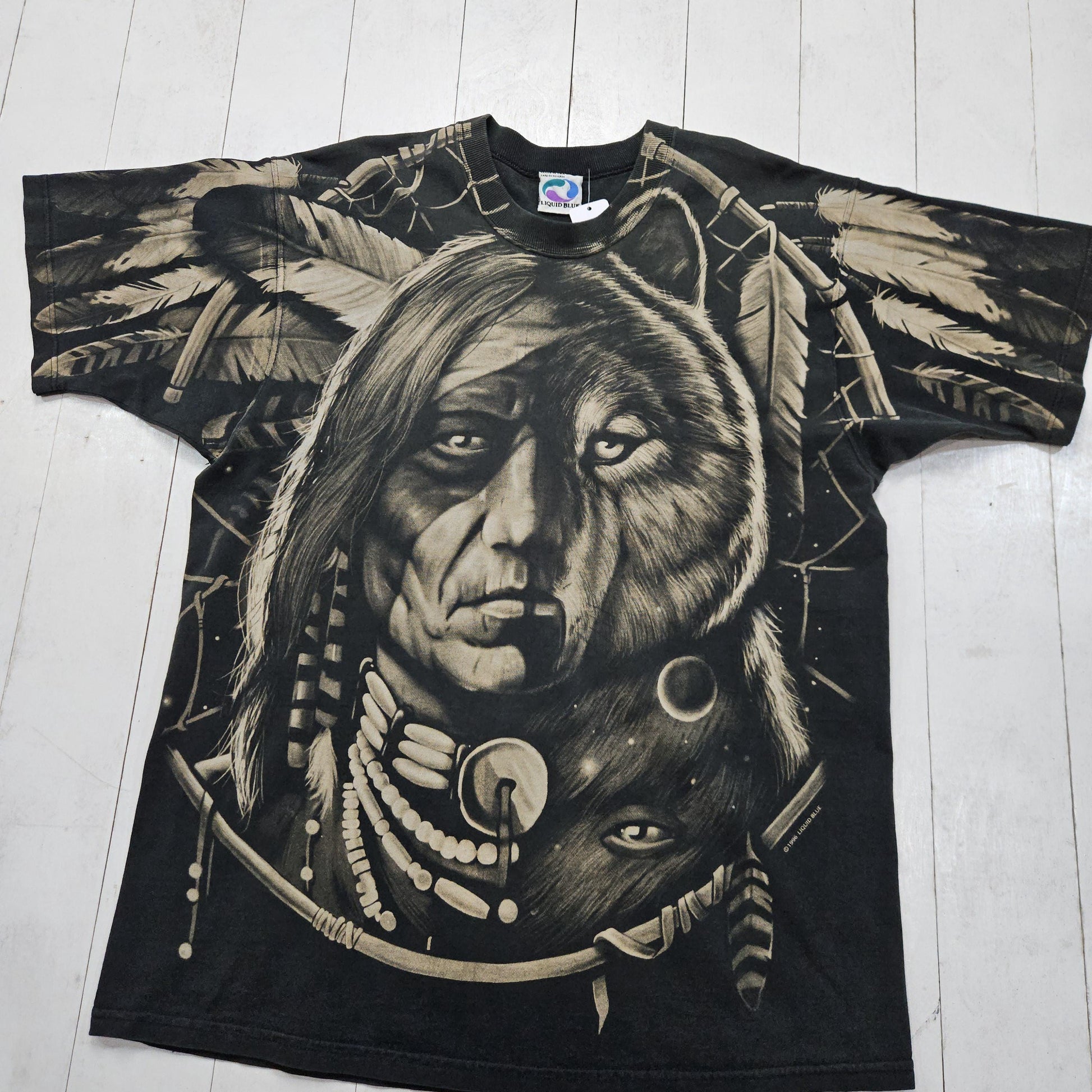 1990s 1996 Liquid Blue Native American Dream Catcher All Over Print T-Shirt Made in USA Size L