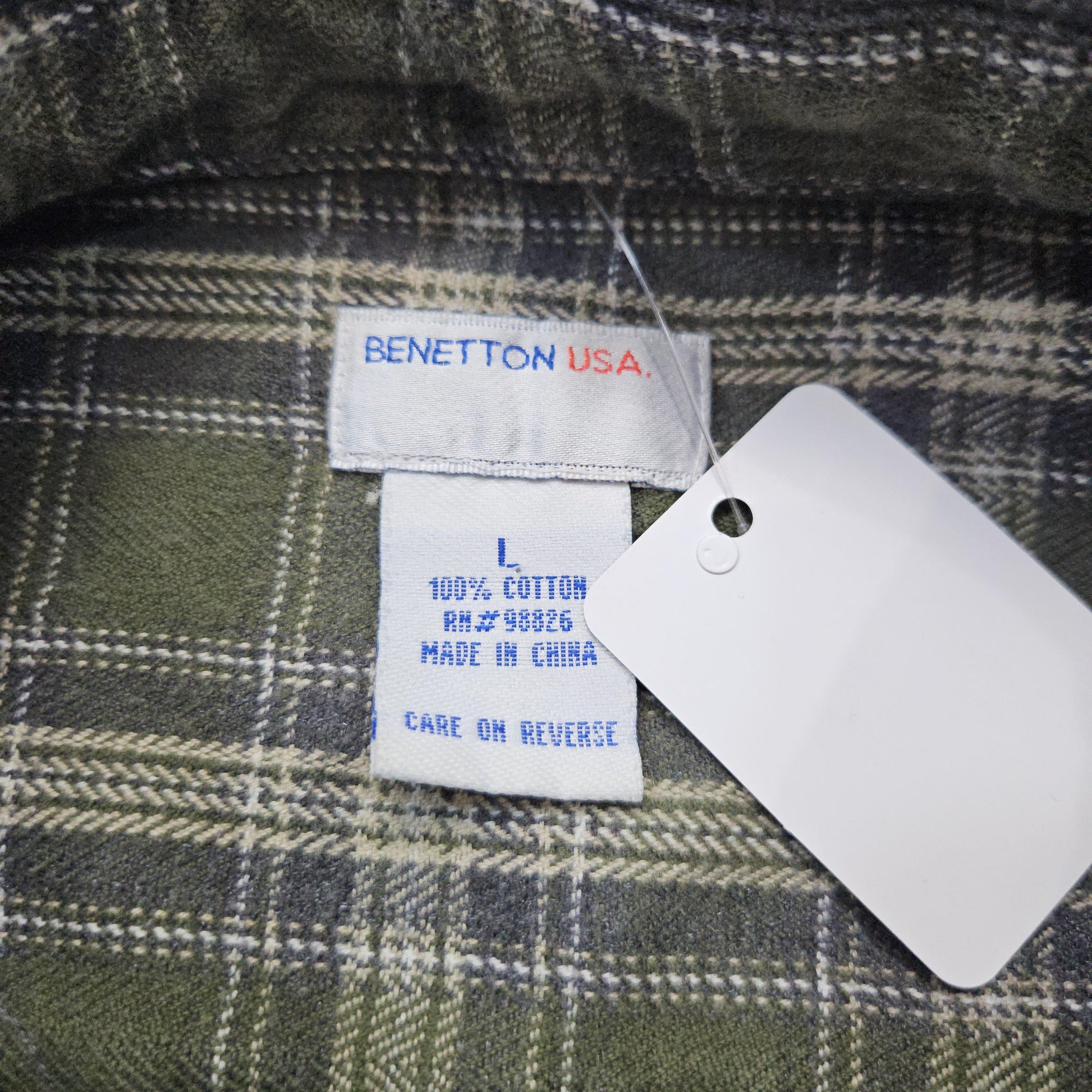 1990s/2000s Y2K Benetton USA Green Plaid Button Down Flannel Shirt Size L