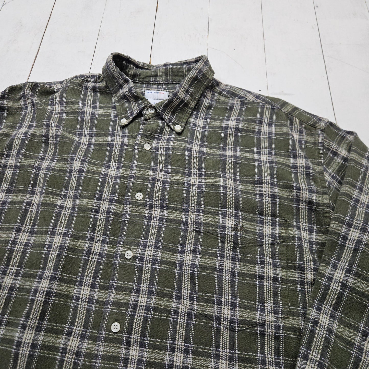 1990s/2000s Y2K Benetton USA Green Plaid Button Down Flannel Shirt Size L