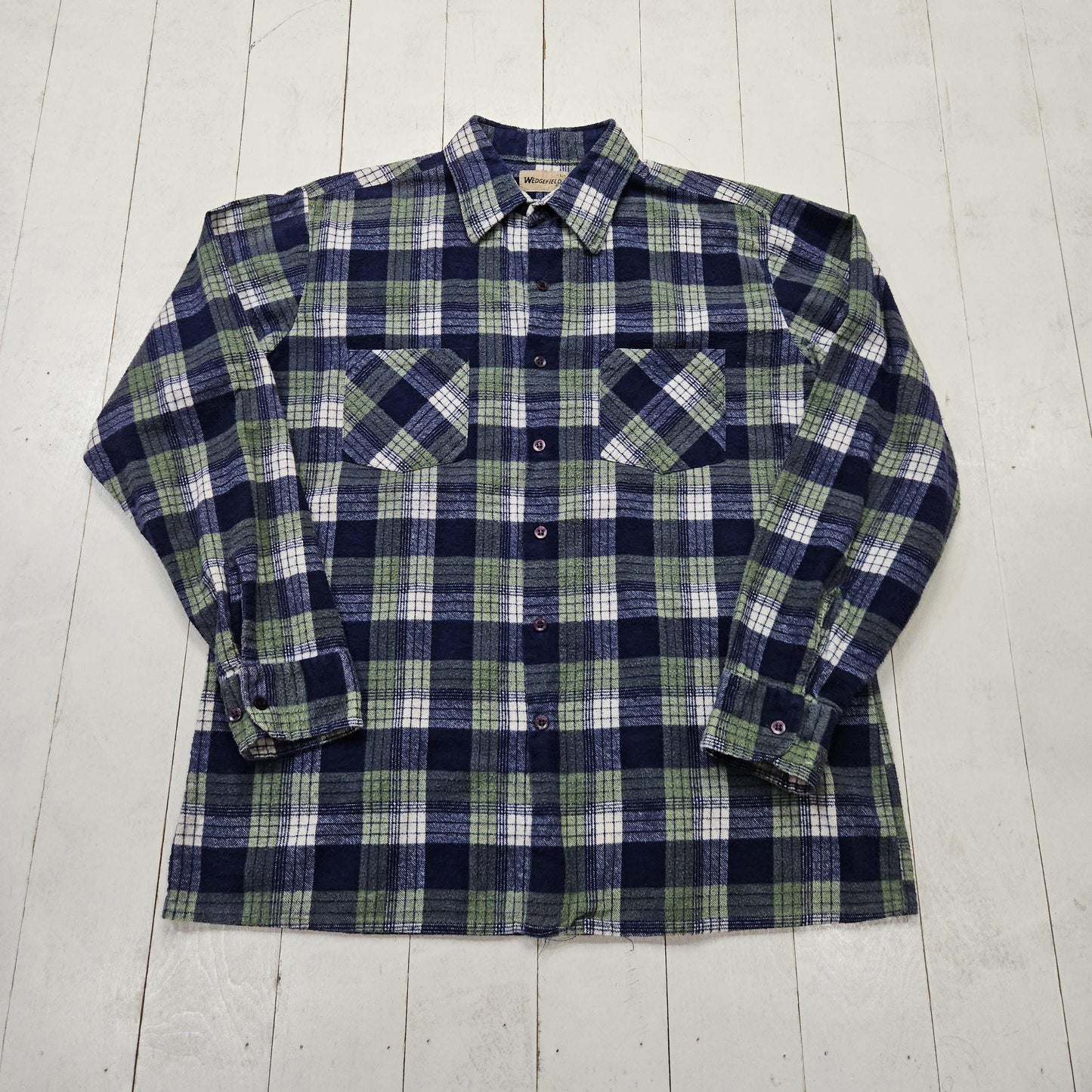 1980s Wedgefield Printed Cotton Plaid Flannel Shirt Size L