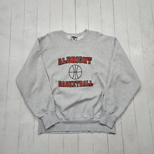 1990s Lee Cross Grain Grey Albright Basketball Reverse Weave Style Sweatshirt Made in USA Size XL/XXL