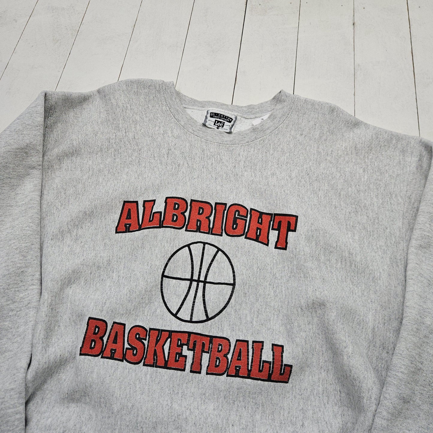 1990s Lee Cross Grain Grey Albright Basketball Reverse Weave Style Sweatshirt Made in USA Size XL/XXL