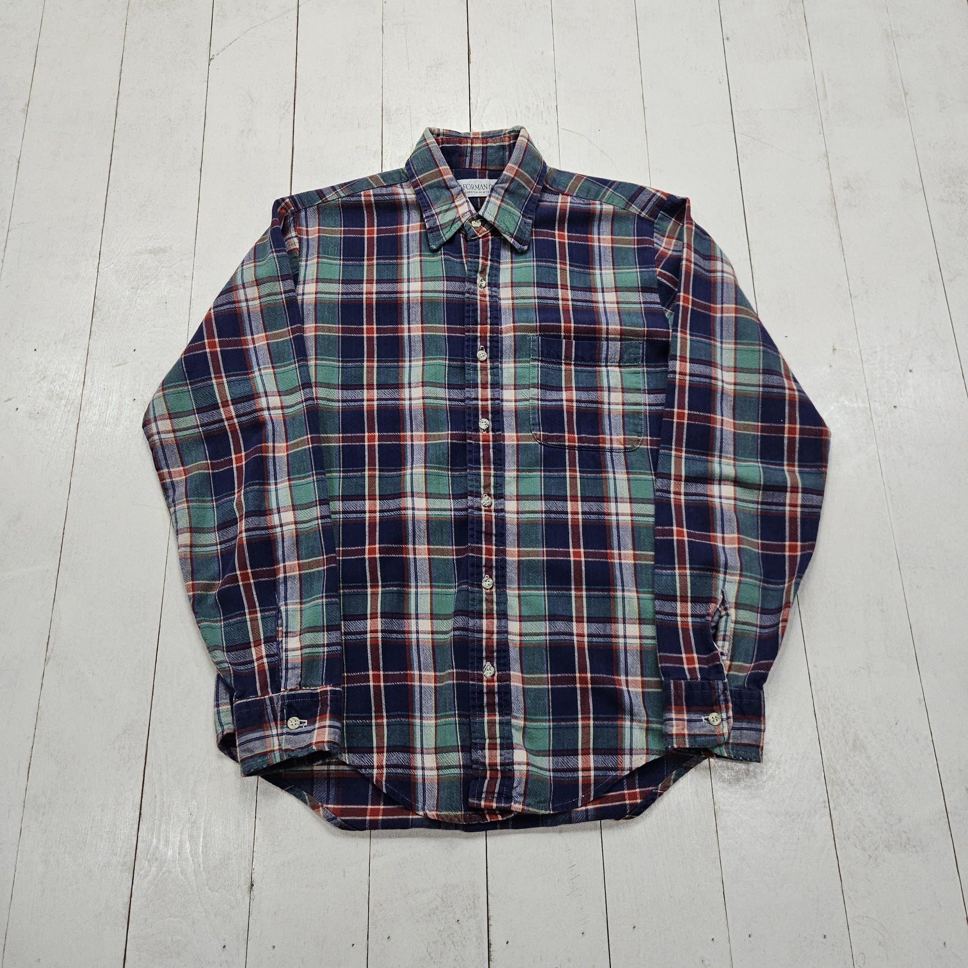 1990s/2000s Y2K B Forman Co Blue Green Plaid Lightweight Flannel Button Up Shirt Size M