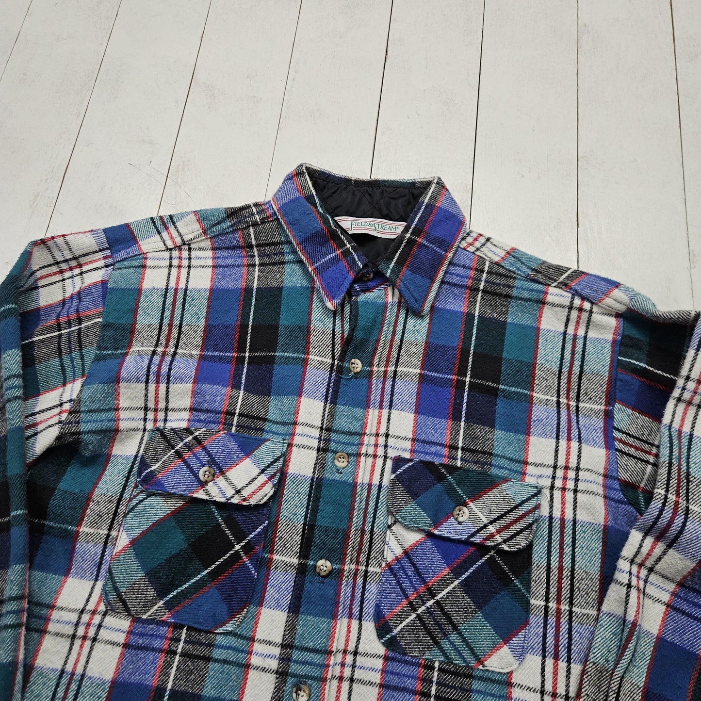 1980s Field & Stream Blue White Plaid Flannel Button Up Shirt Made in USA Size L