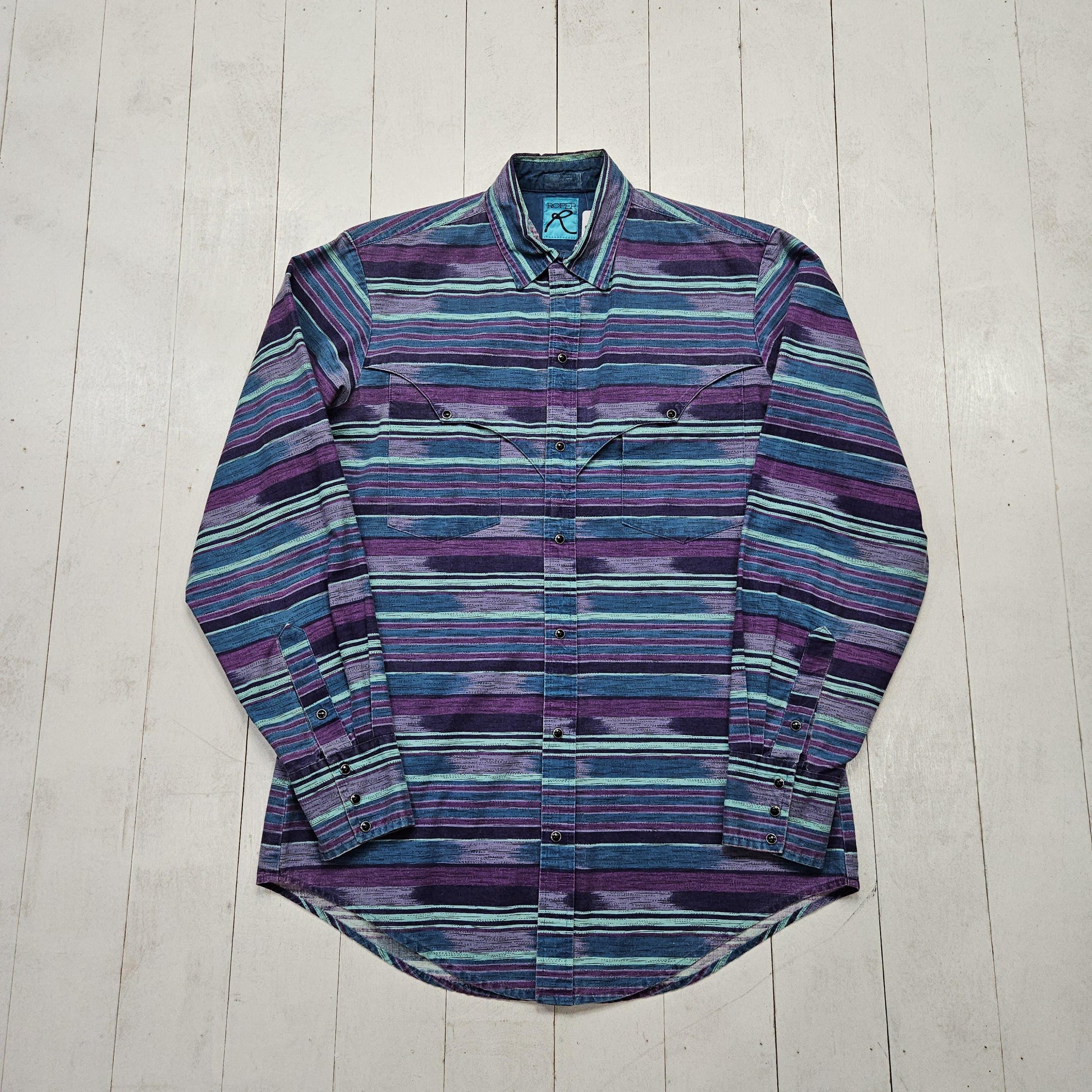 1980s/1990s Roper Blue Purple Striped Snaps Slaps Brushpopper Style Western Shirt Size M/L