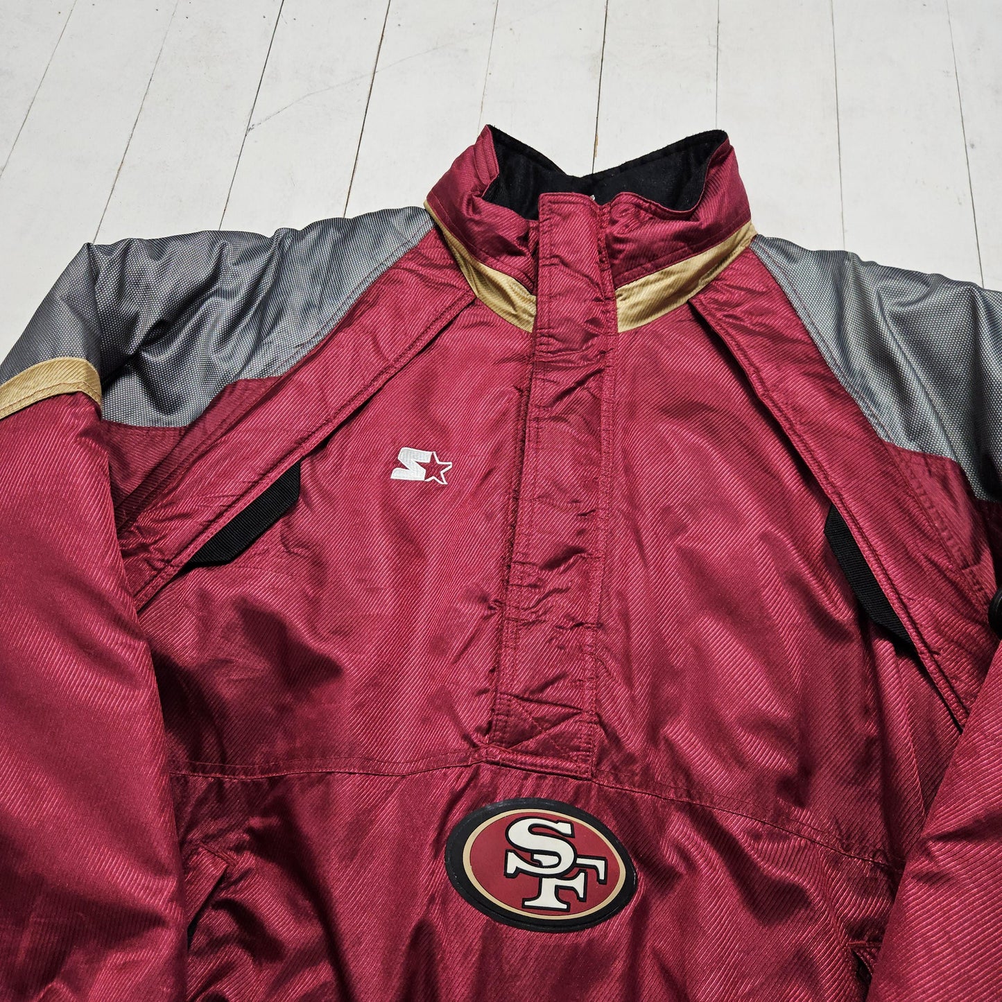 1990s Starter Pro Line Red San Francisco 49ers NFL Football Insulated 1/2 Zip Puffer Jacket with Hood Size XL/XXL