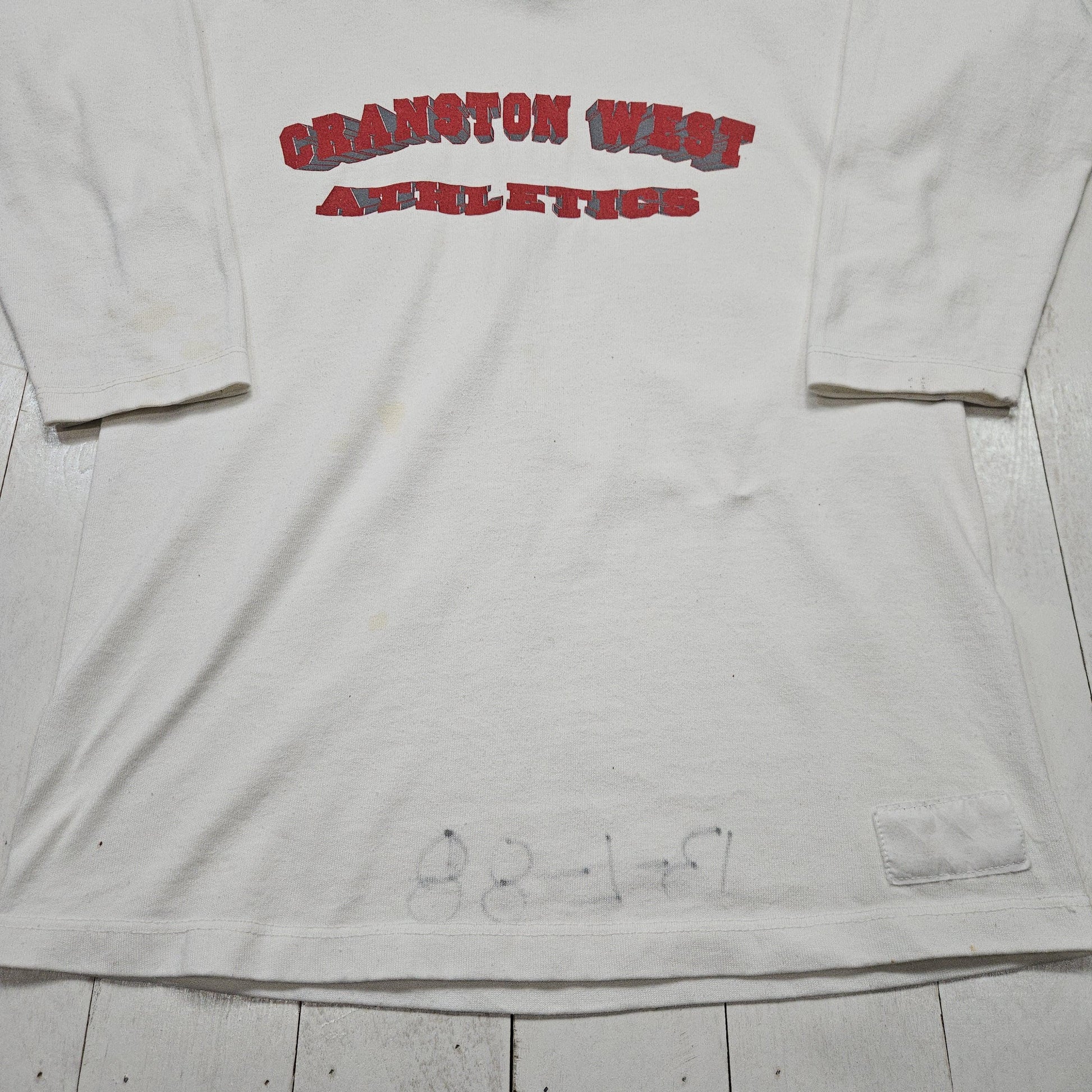 1980s Russell Athletic White Cranston West Athletics 3/4 Sleeve Football Jersey Made in USA Size M