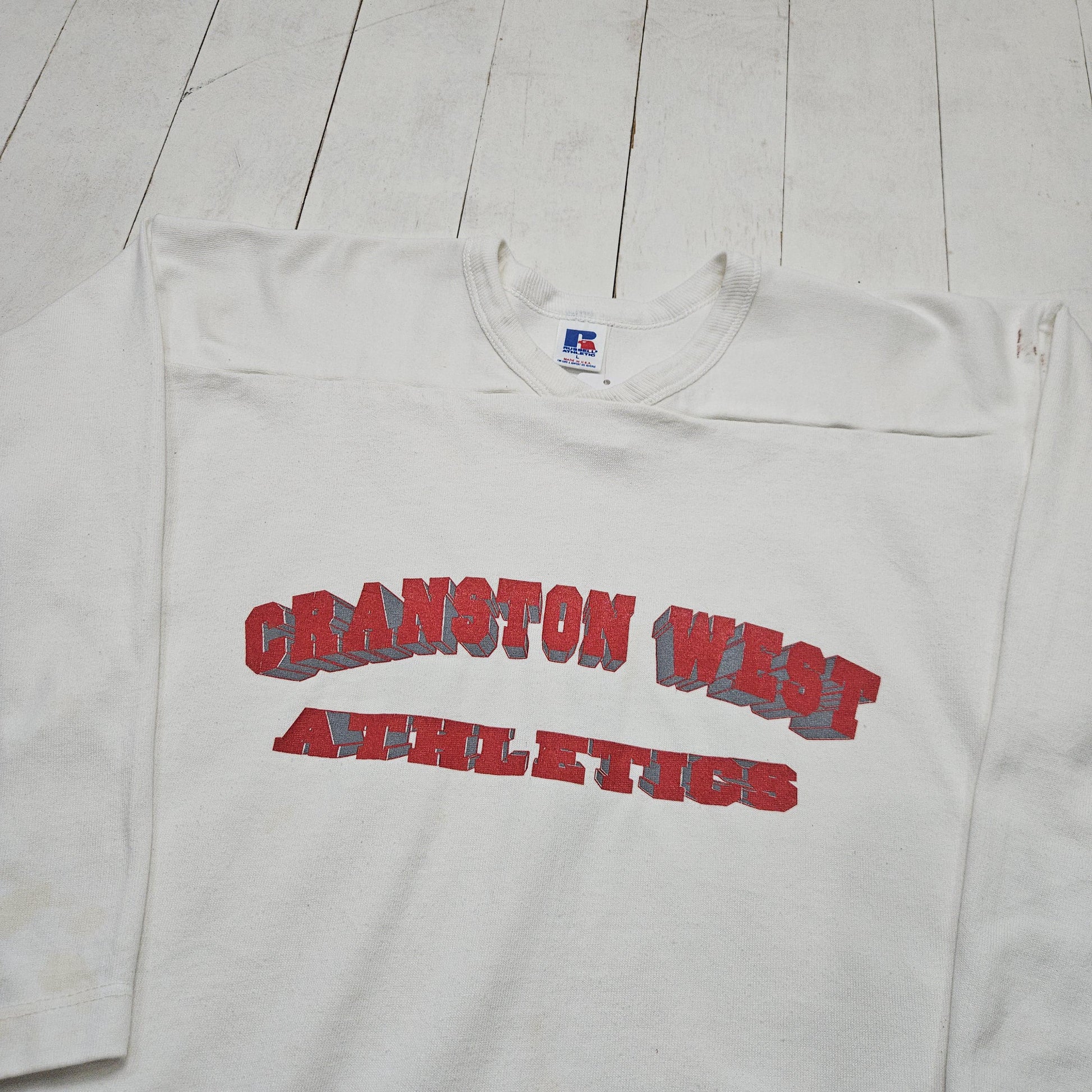 1980s Russell Athletic White Cranston West Athletics 3/4 Sleeve Football Jersey Made in USA Size M