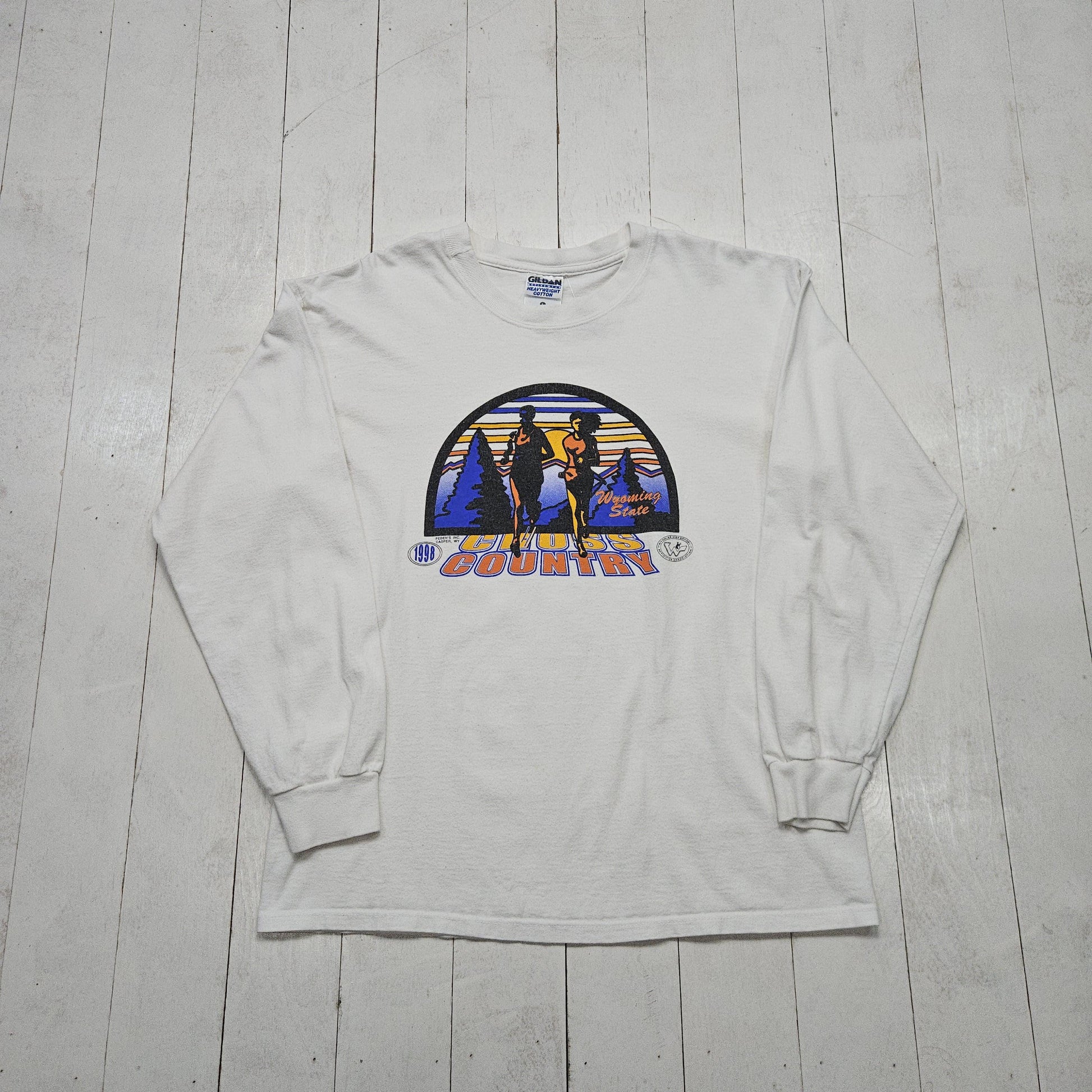 1990s 1998 White Wyoming State Cross Country Running Long Sleeve T-Shirt Made in Canada Size L