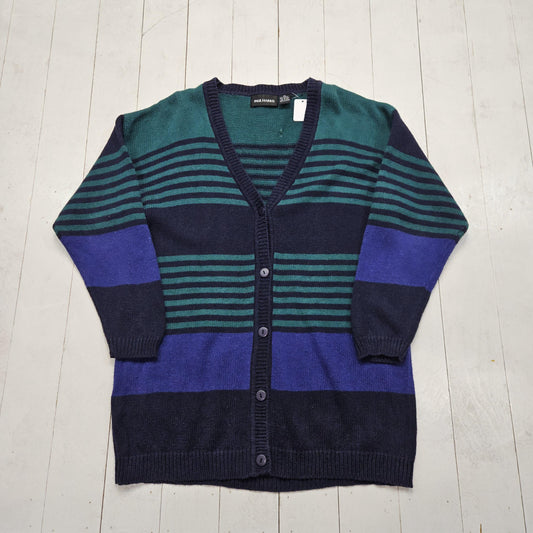 1990s/2000s Y2K Paul Harris Blue Green Striped Ramie Cotton Blend Knit Button Up Cardigan Size L