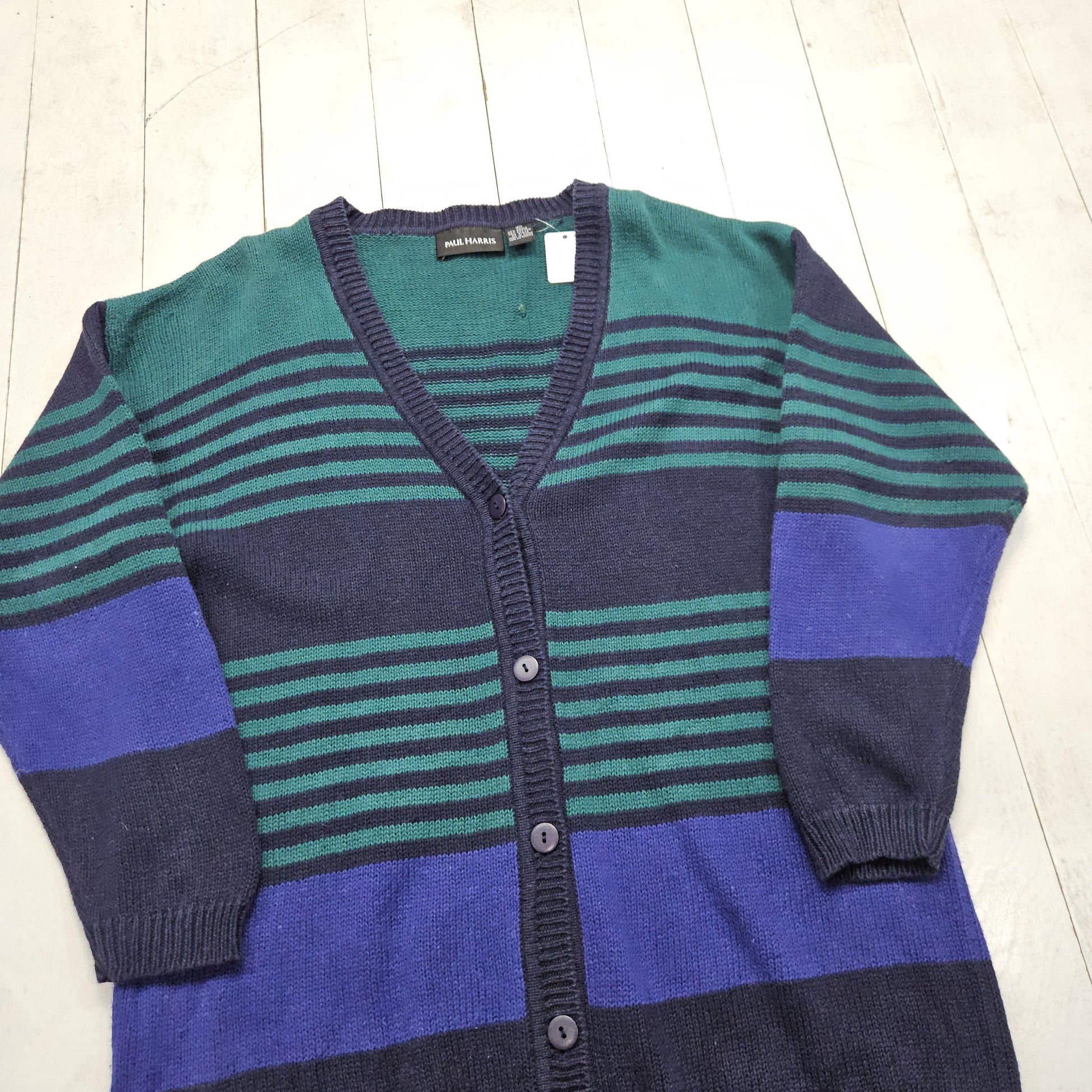 1990s/2000s Y2K Paul Harris Blue Green Striped Ramie Cotton Blend Knit Button Up Cardigan Size L