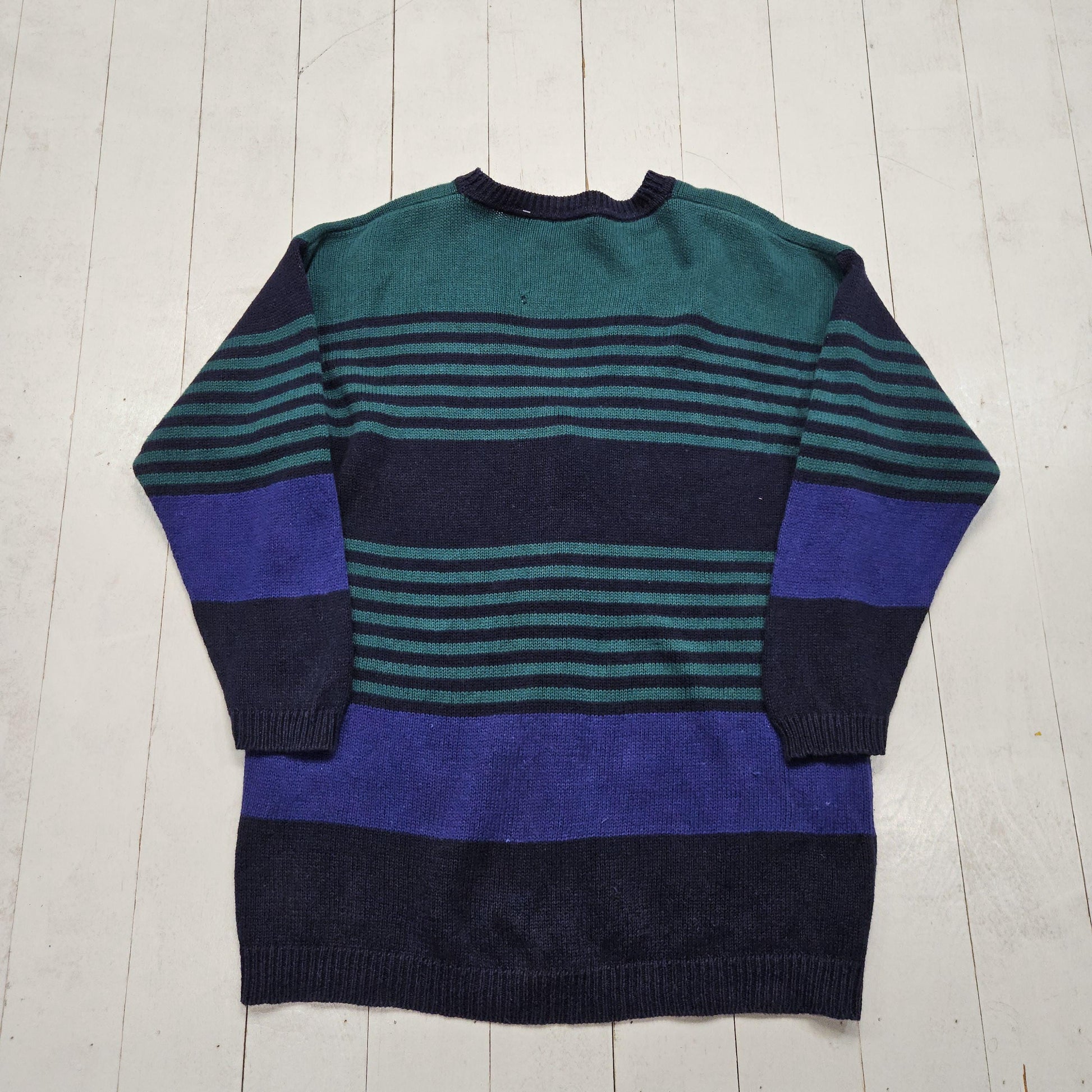 1990s/2000s Y2K Paul Harris Blue Green Striped Ramie Cotton Blend Knit Button Up Cardigan Size L