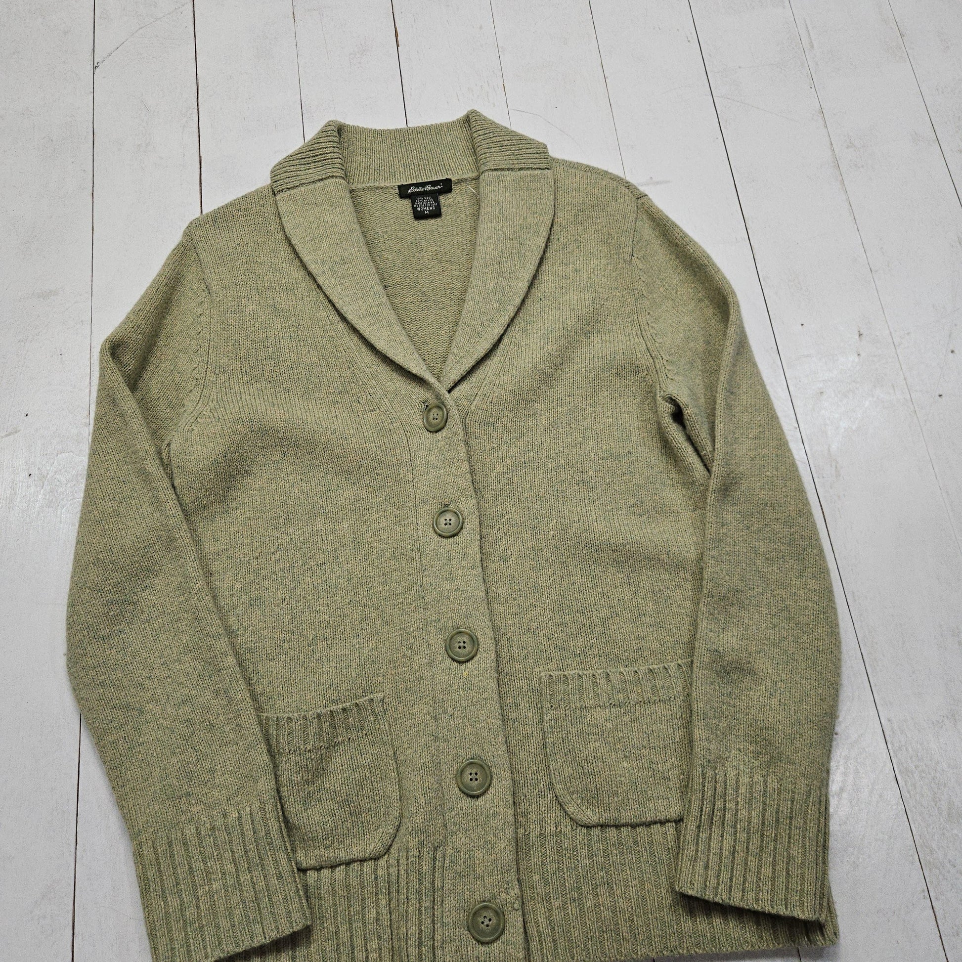 1990s/2000s Y2K Eddie Bauer Mint Green Wool Blend Knit Button Up Cardigan Sweater Size S